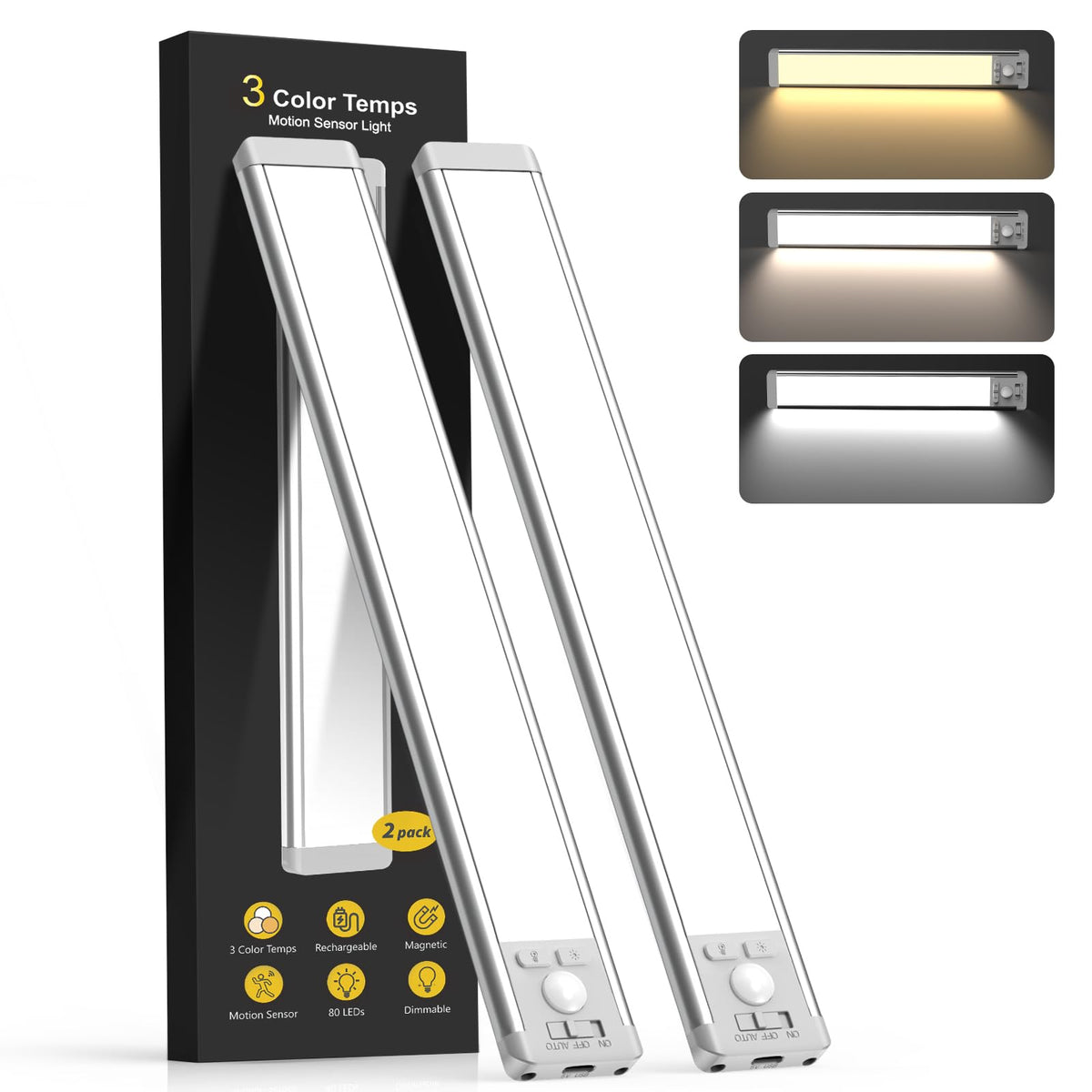 MCGOR 10inch Under Cabinet Lighting, 2 Pack Rechargeable Motion Sensor Light Indoor, 5 Levels Dimmable Magnetic Closet Lights, Wireless Under Counter Lights for Kitchen, Stairs