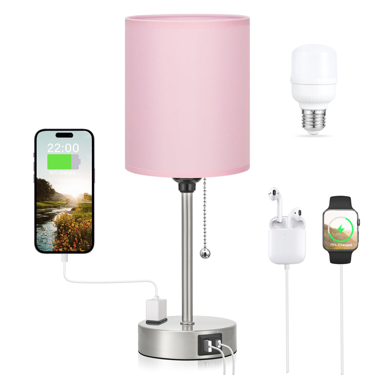 Dicoool Bedside Table Lamp for Bedroom - Small Desk Lamp with USB Ports | USB A+C Ports, AC Outlet, 3 Color Temperatures, LED Bulb Included, White Fabric Shade, Black Metal Base, 14" Nightstand lamp