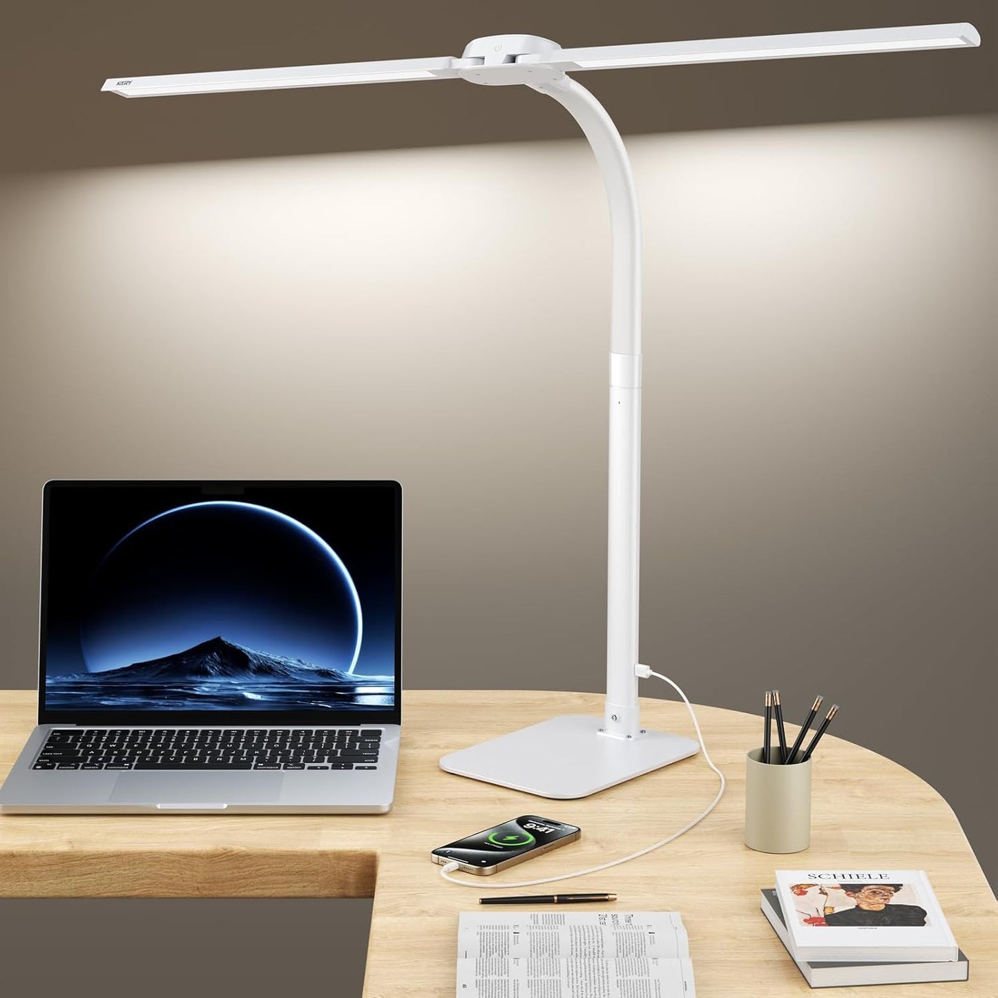 Kary LED Desk Lamp, Flexible Gooseneck Task Light with Base and Timer | 12W Tall Architect Lamp for Home Office Working, Reading, Crafting, Study, 5-Level Dimmable Brightness and Color