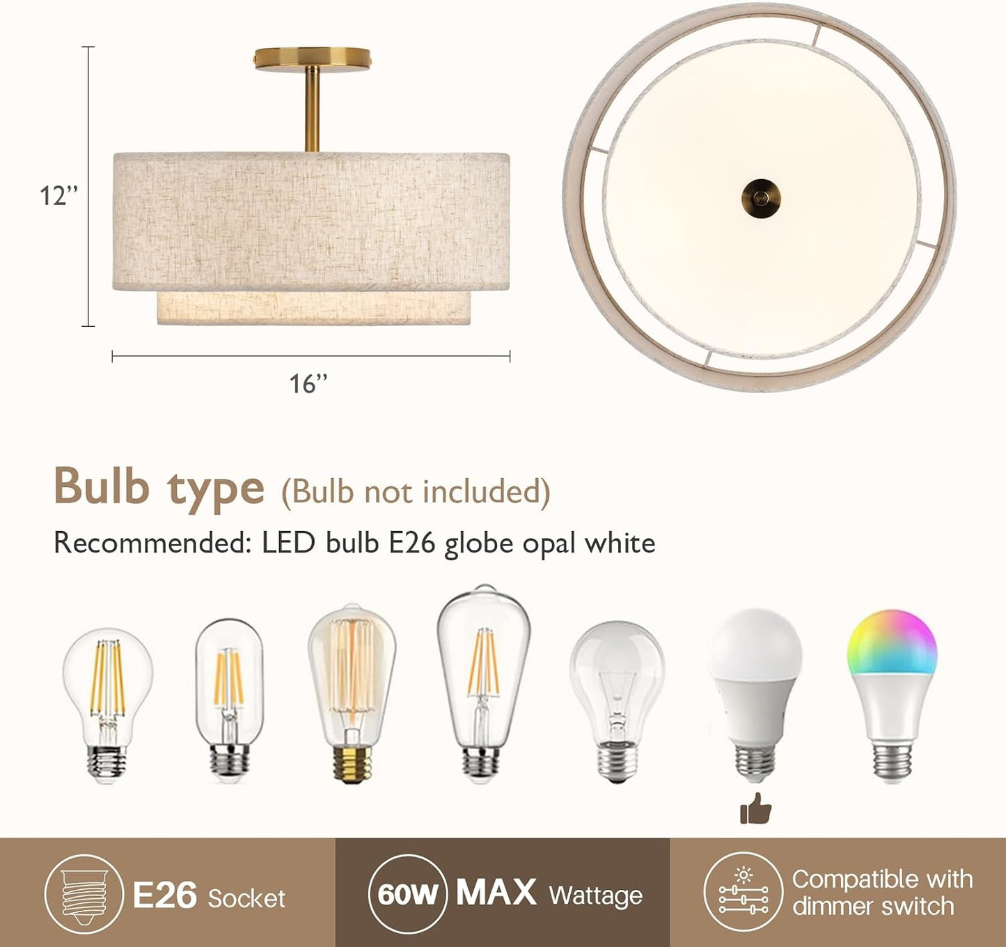 CALOKES 16" Double Drum Gold 3-Light Semi Flush Mount Ceiling Light, Classic Fabric Linen Shade Design for Living Room, Bedroom, Kitchen, Dining Room, Hallway and Entryway