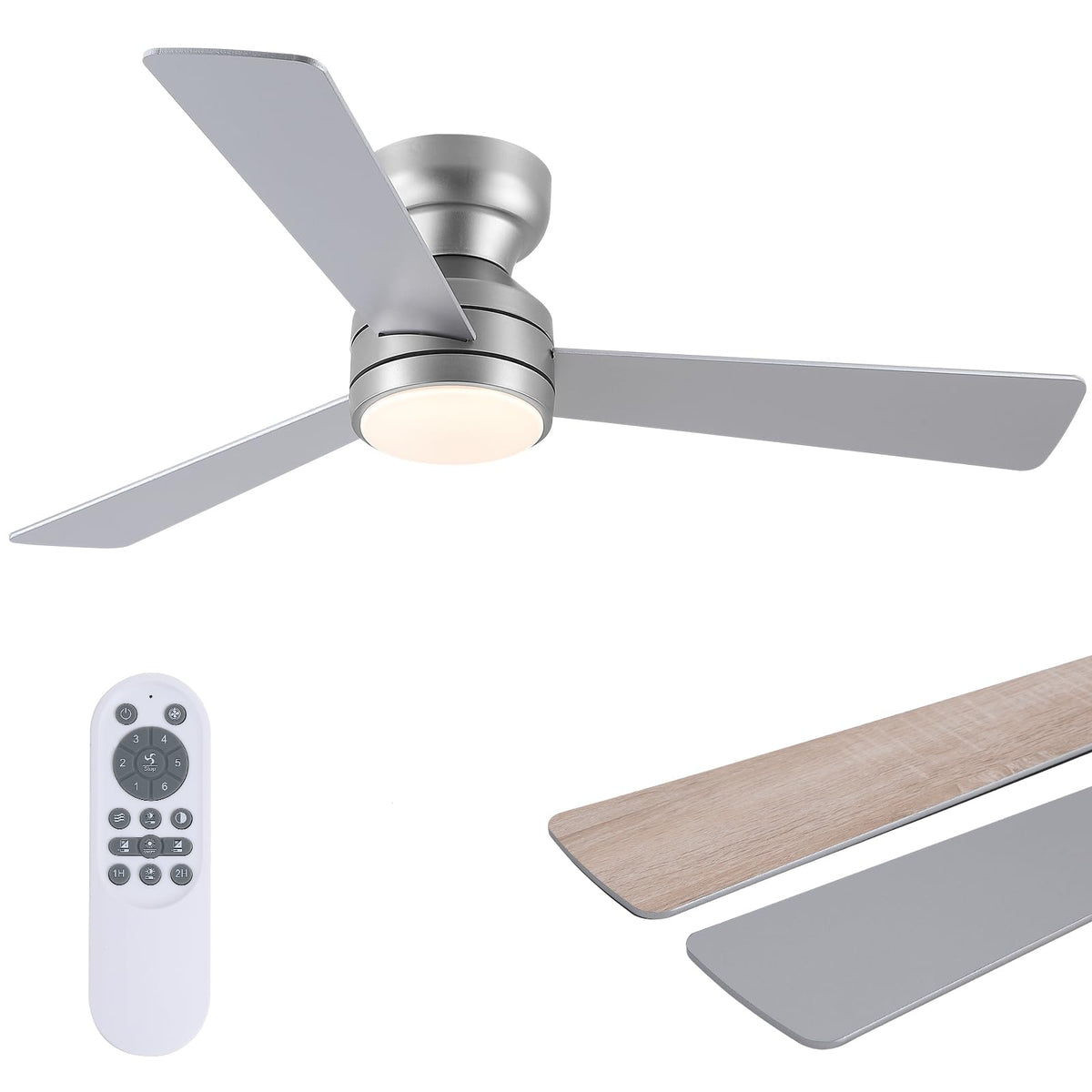 Asyko 46"Black 6-Blade Modern Low Profile Ceiling Fan with Light and Remote | 6 Double-Sided Blades,6 Wind Speeds, Reversible,Dimmable 3 CCT LED Light, 25W Quiet DC Motor,1/2H Timer,for Bedroom Kitchen