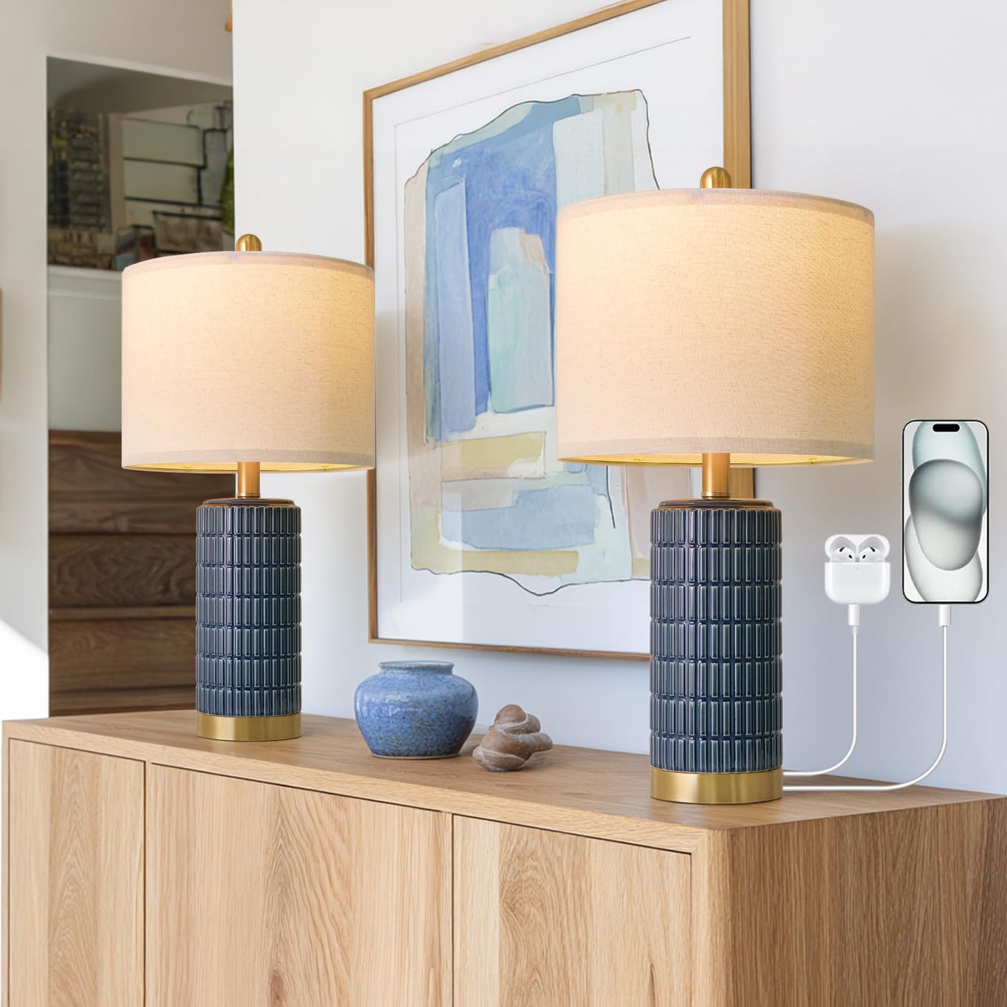PoKat 20.75" Small Modern Ceramic Table Lamps Set of 2 for Bedroom, White | Bedside lamps for nightstands, farmhouse home decor, end table & desk light, ideal housewarming new home gift for women mom