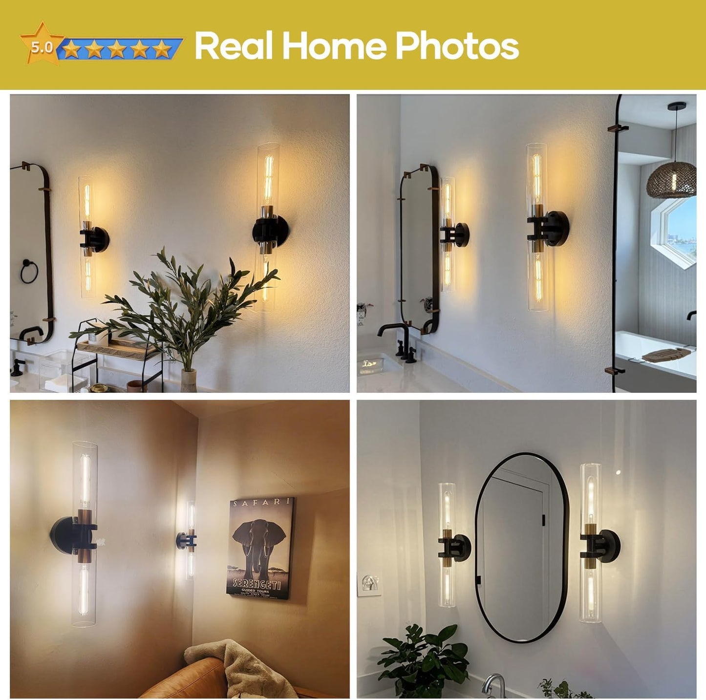 Indoi Hardwired Wall Sconces Set of Two, 22" Black and Gold Bathroom Sconces with Clear Glass, Modern Sconces Wall Decor Set of 2 Wall Light fixtures for Bathroom Mirror Living Room Hallway Bedroom