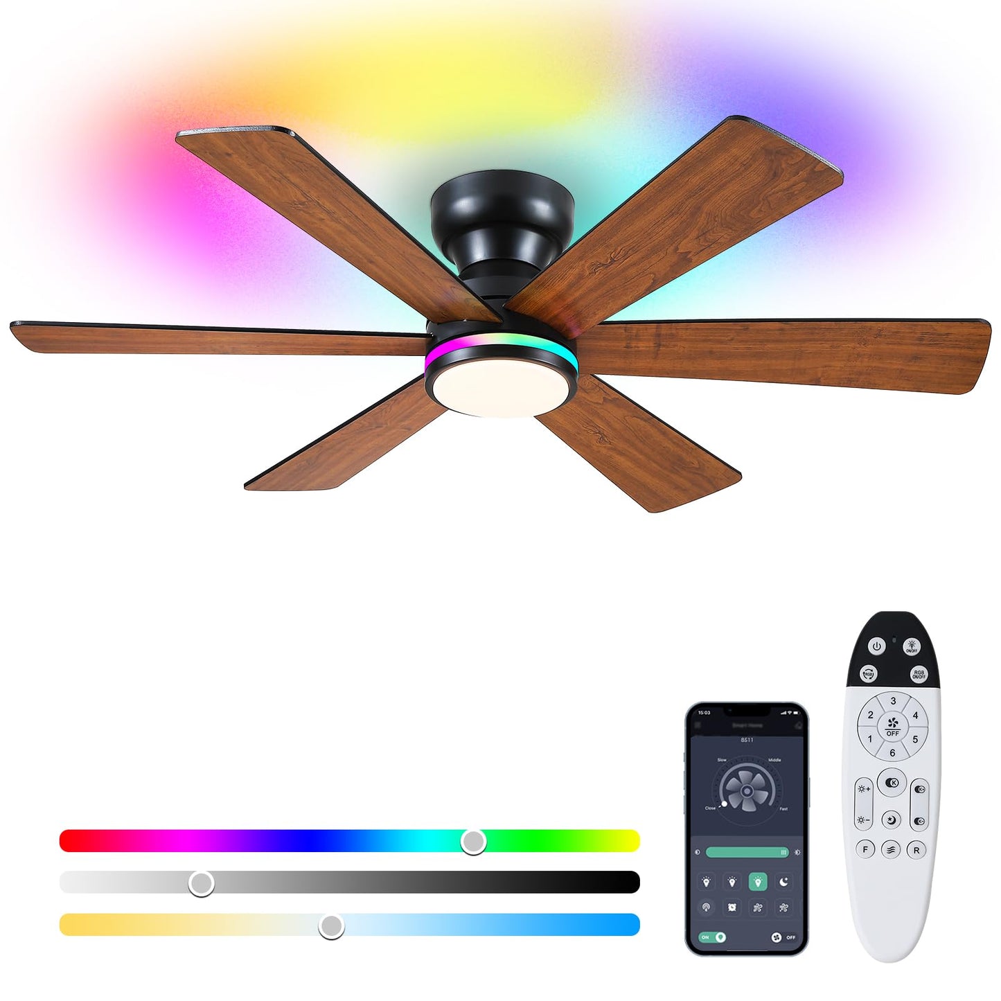 Asyko 46"Black 6-Blade Modern Low Profile Ceiling Fan with Light and Remote | 6 Double-Sided Blades,6 Wind Speeds, Reversible,Dimmable 3 CCT LED Light, 25W Quiet DC Motor,1/2H Timer,for Bedroom Kitchen
