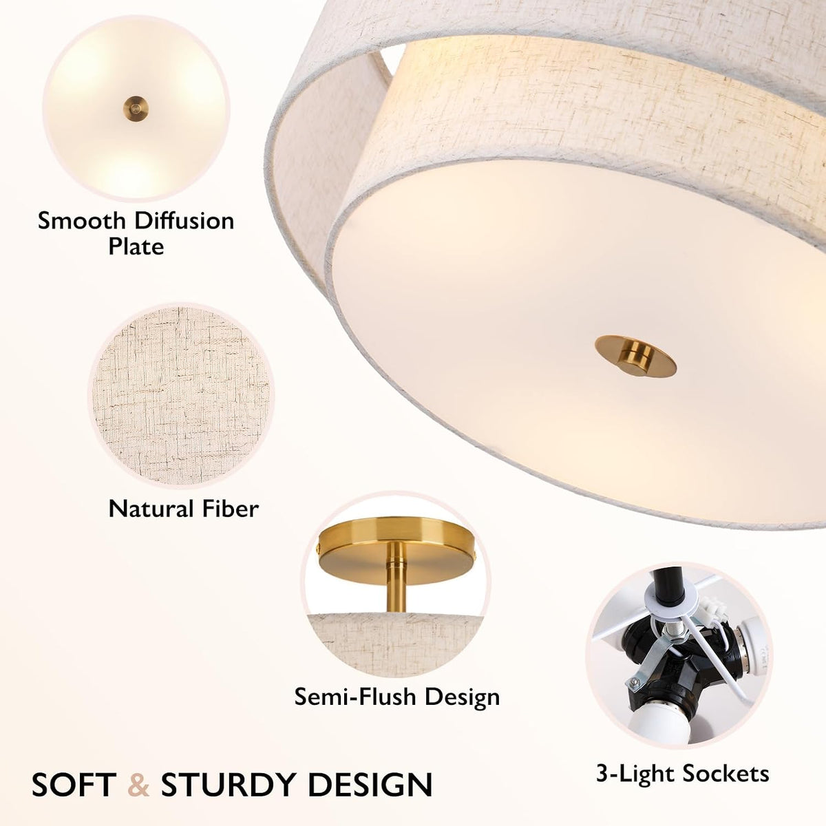 CALOKES 16" Double Drum Gold 3-Light Semi Flush Mount Ceiling Light, Classic Fabric Linen Shade Design for Living Room, Bedroom, Kitchen, Dining Room, Hallway and Entryway
