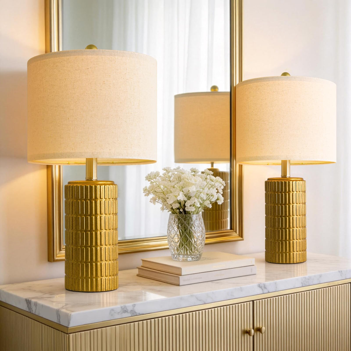 PoKat 20.75" Small Modern Ceramic Table Lamps Set of 2 for Bedroom, White | Bedside lamps for nightstands, farmhouse home decor, end table & desk light, ideal housewarming new home gift for women mom