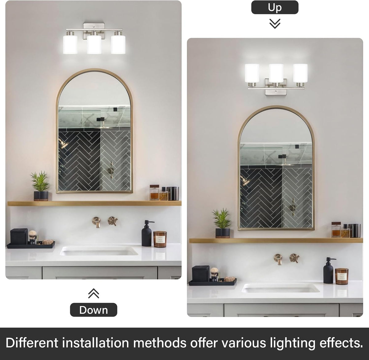 FonmYim Brushed Nickel Bathroom Light Fixtures Vanity Lights Over Mirror | Modern 3-Light lighting fixtures for bathroom with Milky White Frosted Glass Shades, E26 Socket (Bulbs Not Included)