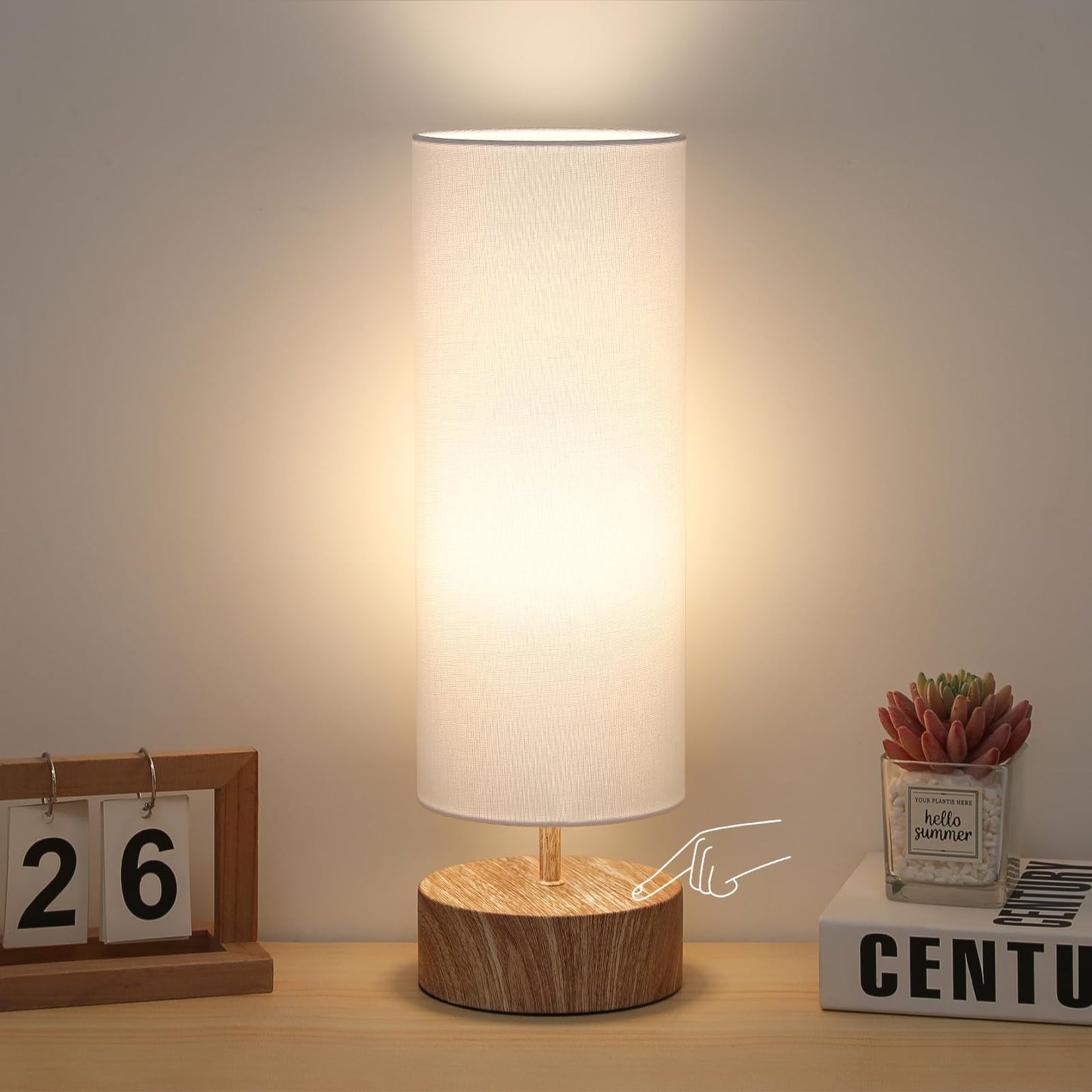 Touch Table Lamp, 3-Way Dimmable Bedside Lamp with Cylinder Fabric Shade | Modern Minimalist Accent Nightstand Desk Lamp, Night Light for Bedroom Living Room Kitchen, LED Bulb Included