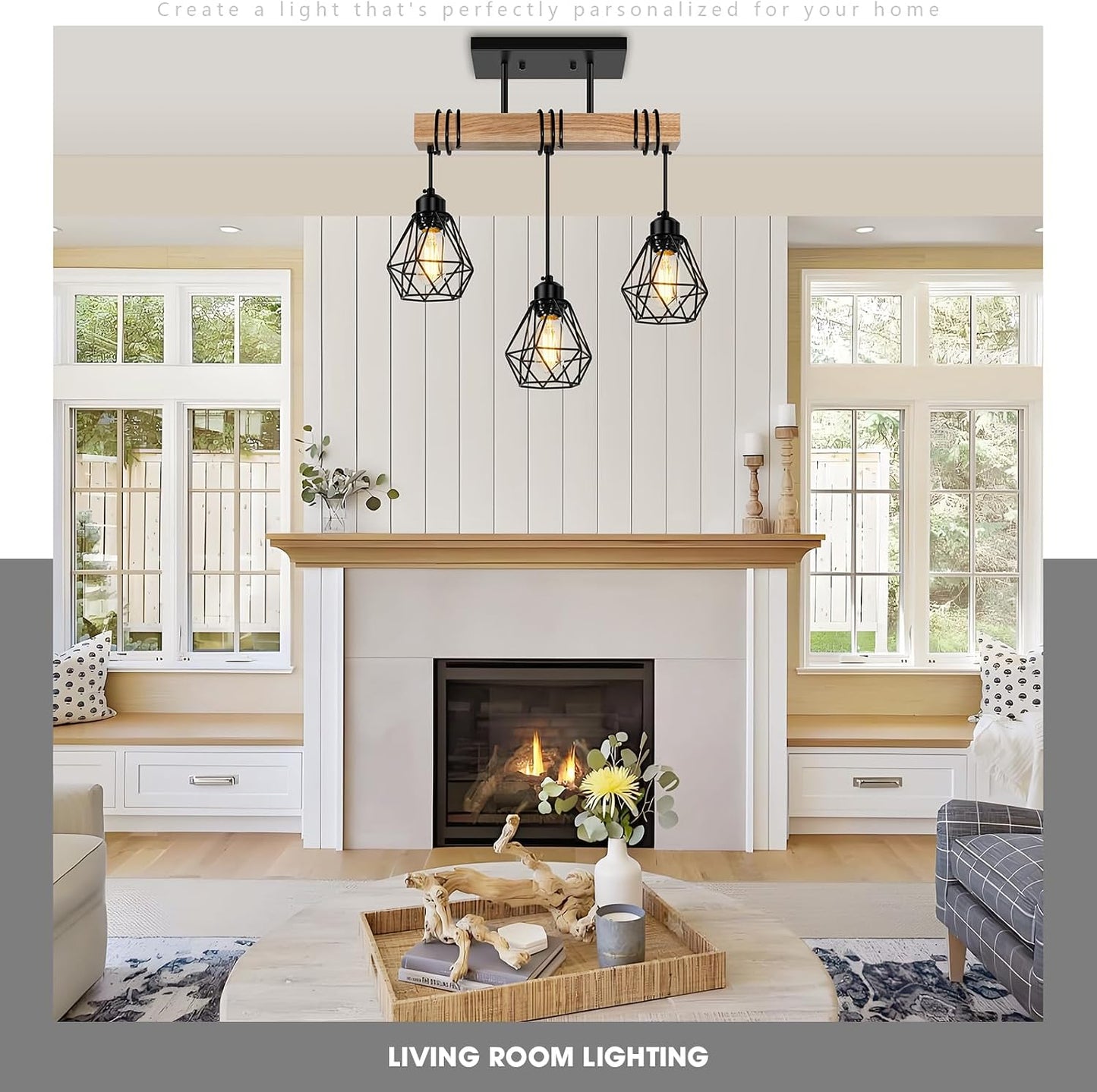 3-Lights Farmhouse Dining Room Pendant Light Fixtures Over Table, Rustic Solid Wood Kitchen Island Lighting Hanging with Metal Shades, Modern Black Ceiling Pendant Lamp for Living Room Hallway