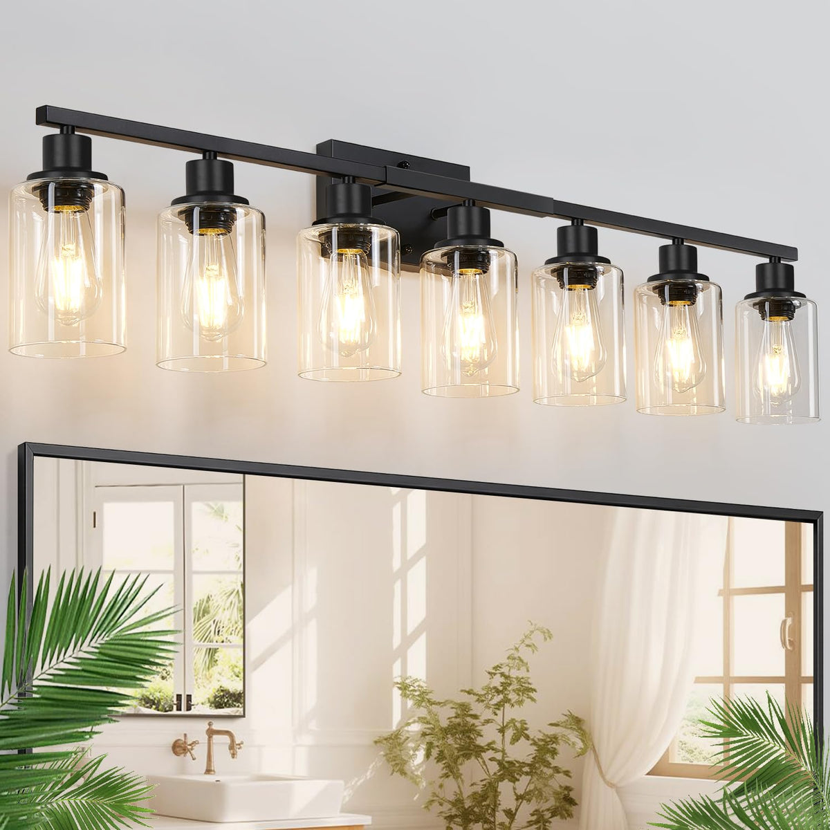 Indoi 4-Light Bathroom Light Fixtures, Matte Black Modern Vanity Lights with Clear Glass Shades, Bathroom Wall Lamp for Mirror Living Room Cabinet Bedroom Porch