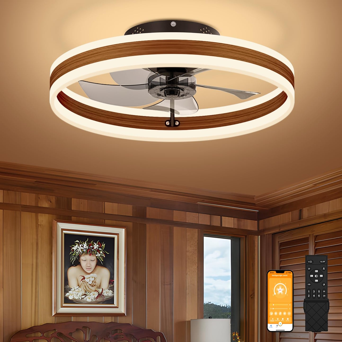 VOLISUN Low Profile Ceiling Fans with Lights and Remote, 27.6in Flush Mount Ceiling Fans with Light, 3000K-6500K Dimmable Fandelier LED Fan Light, Black Bladeless Ceiling Fans with Lights for Bedroom
