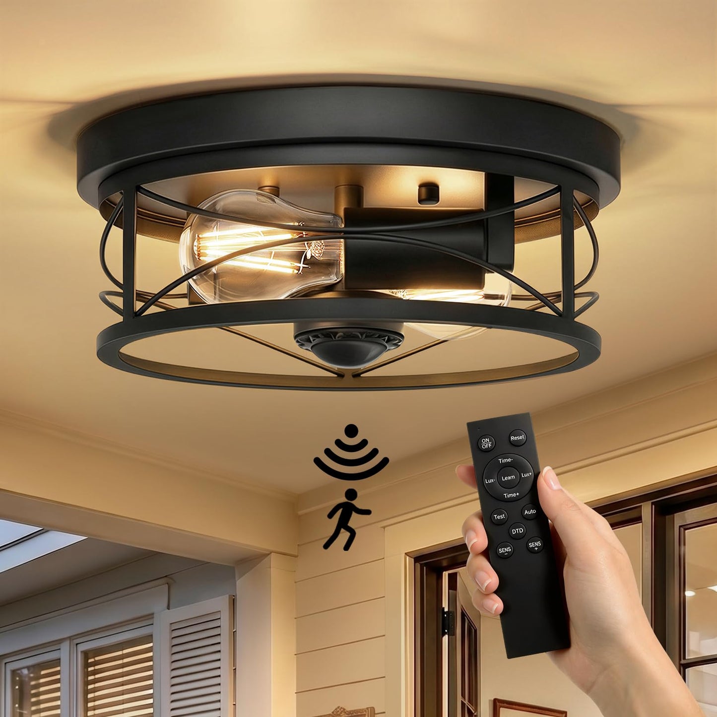 16" Semi-Flush Mount Ceiling Light, 4-Light Hammered Glass Drum Fixture | OYKYOHEI Indoor Lighting for Bedroom Hallway Entryway Kitchen Foyer Living Room Laundry Decor, Black Modern Dimmable E26