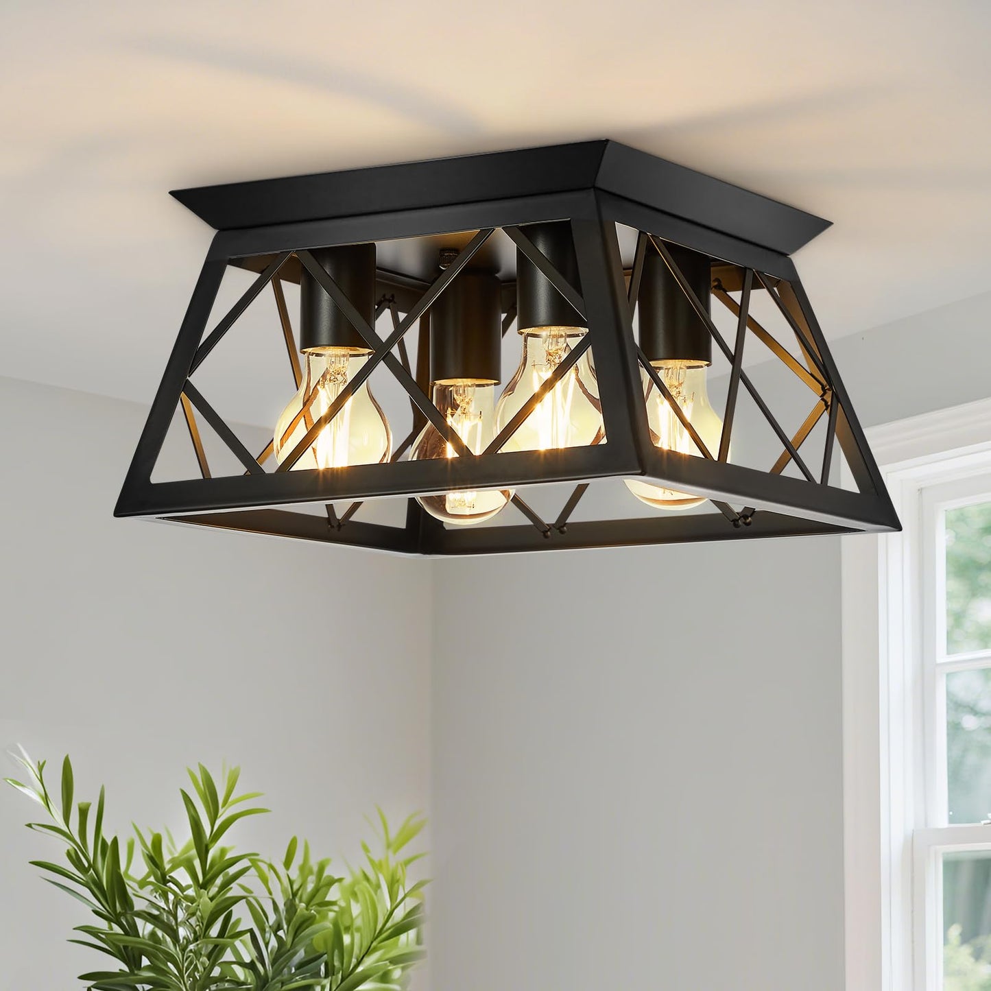 Ceiling Light, 4-Light Matte Black Semi Flush Mount Ceiling Light Fixture | Modern Dining Room Light Fixture with E26 Base,Kitchen Lighting Fixtures Ceiling, Sputnik Chandelier for Bedroom Living Room