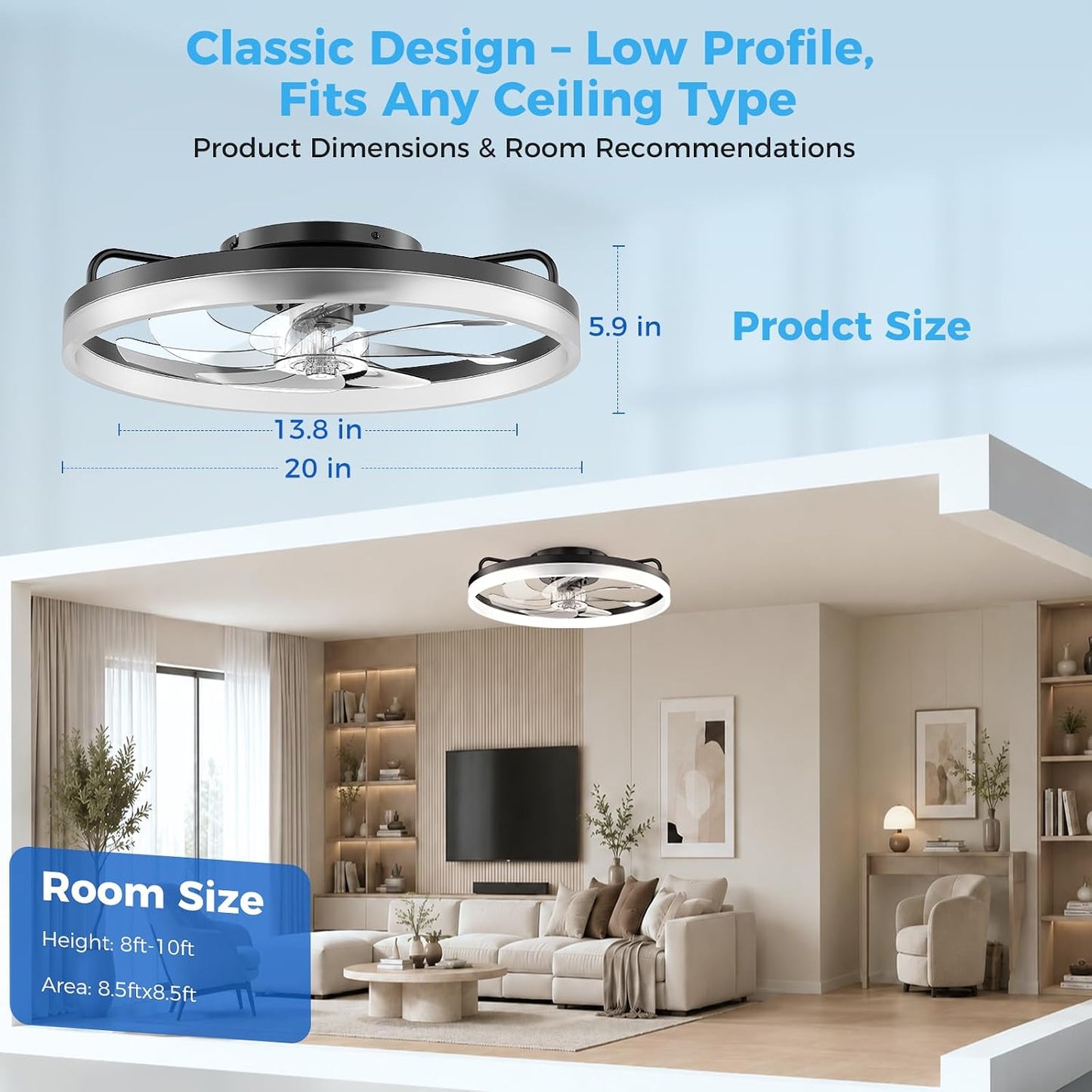 Ceiling Fans with Lights and Remote - 20'' Low Profile Ceiling Fan | 1-6 Wind Speeds, Reversible, Timer, 3000-6500K Dimmable LED Fan Light, Modern Flush Mount Ceiling Fans for Bedroom, Kitchen