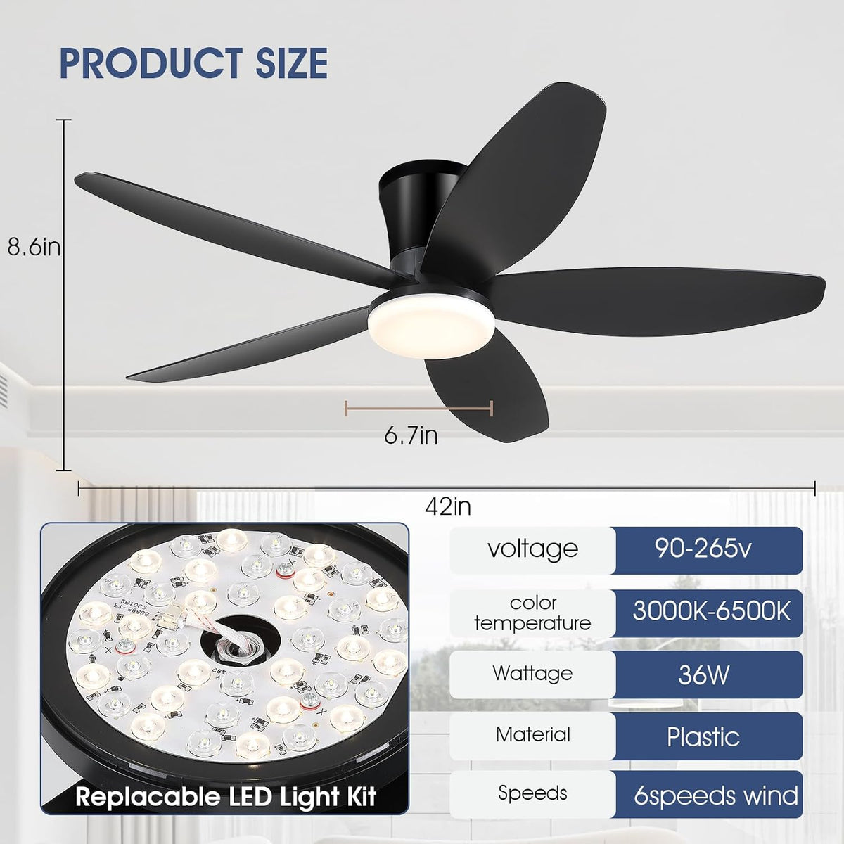 42" Ceiling Fans with Lights-Low Profile Ceiling Fan with Light and Remote Control,Flush Mount,DC Reversible,LED Dimmable Blakc Ceiling Fans for Bedroom,Indoor/Outdoor Patio Use