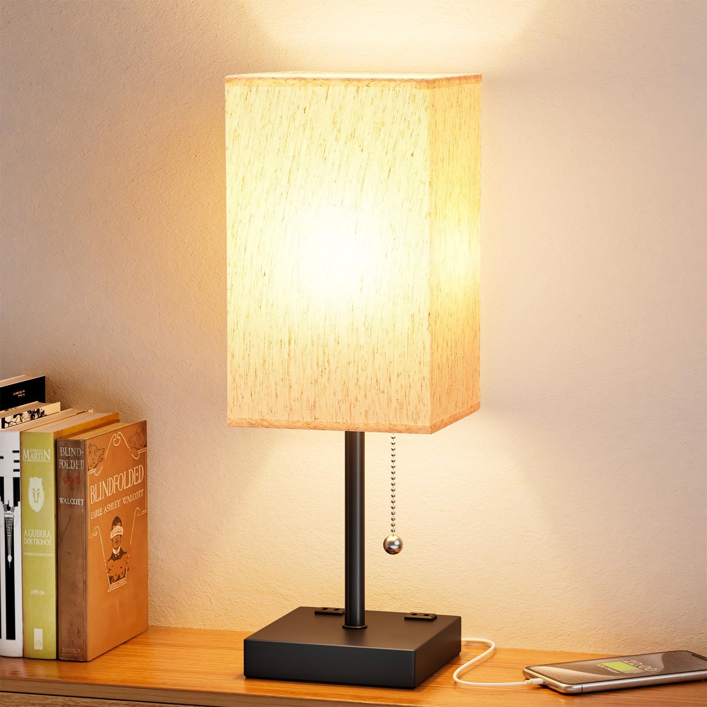 aooshine Small Bedside Table Lamp for Bedroom - Square Cream Fabric Shade | Inline Rocker Switch, Corded Electric, Bulb Not Included, 12.8" Mini Table Lamp for Nightstand, Desk, Dorm, Office