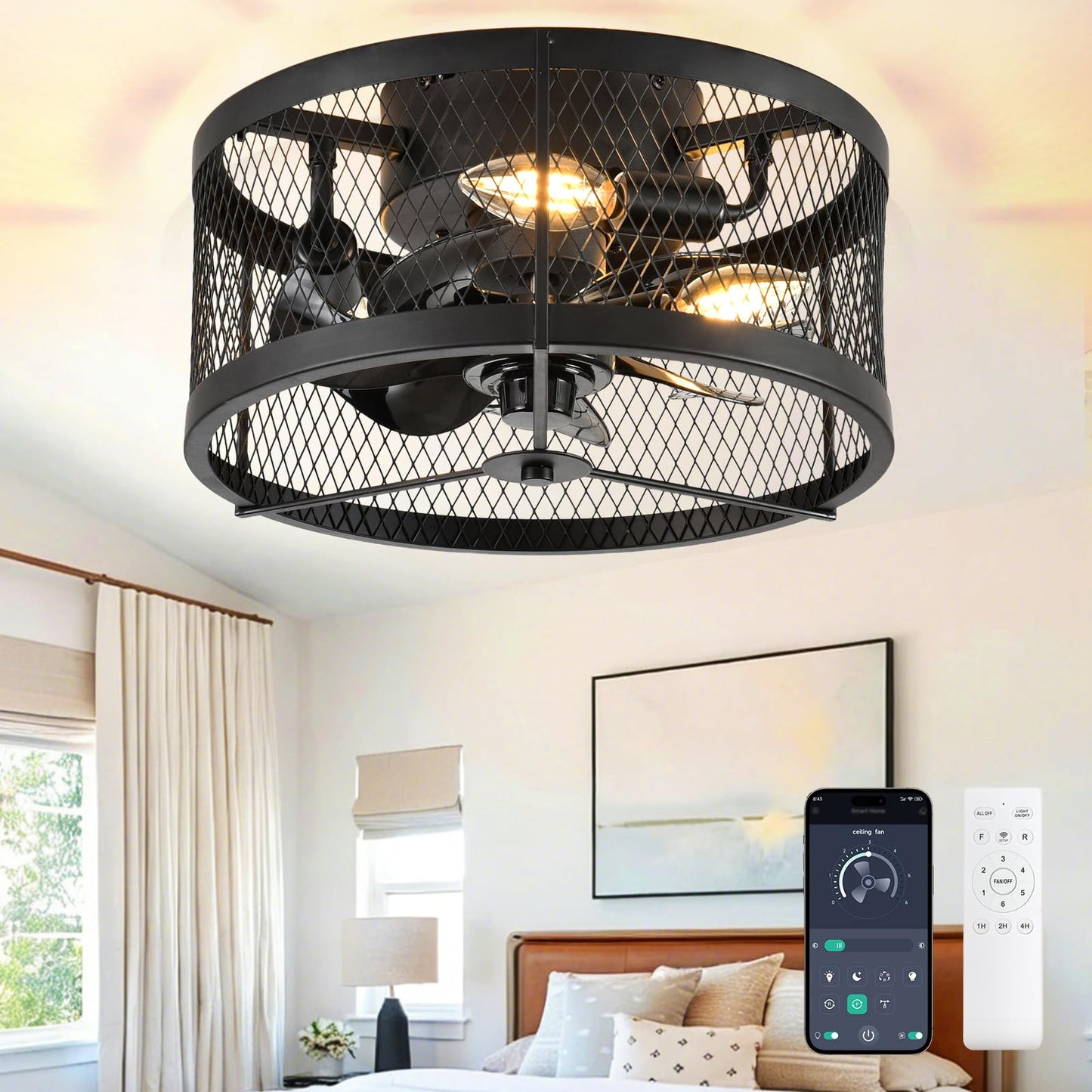 DLLT Caged Ceiling Fan with Light: 20" Farmhouse Fandelier with Lights and Remote Control - Black Rustic Semi Flush Mount Bladeless Ceiling Fans Enclosed Fan for Bedroon Kitchen Living Dining Room