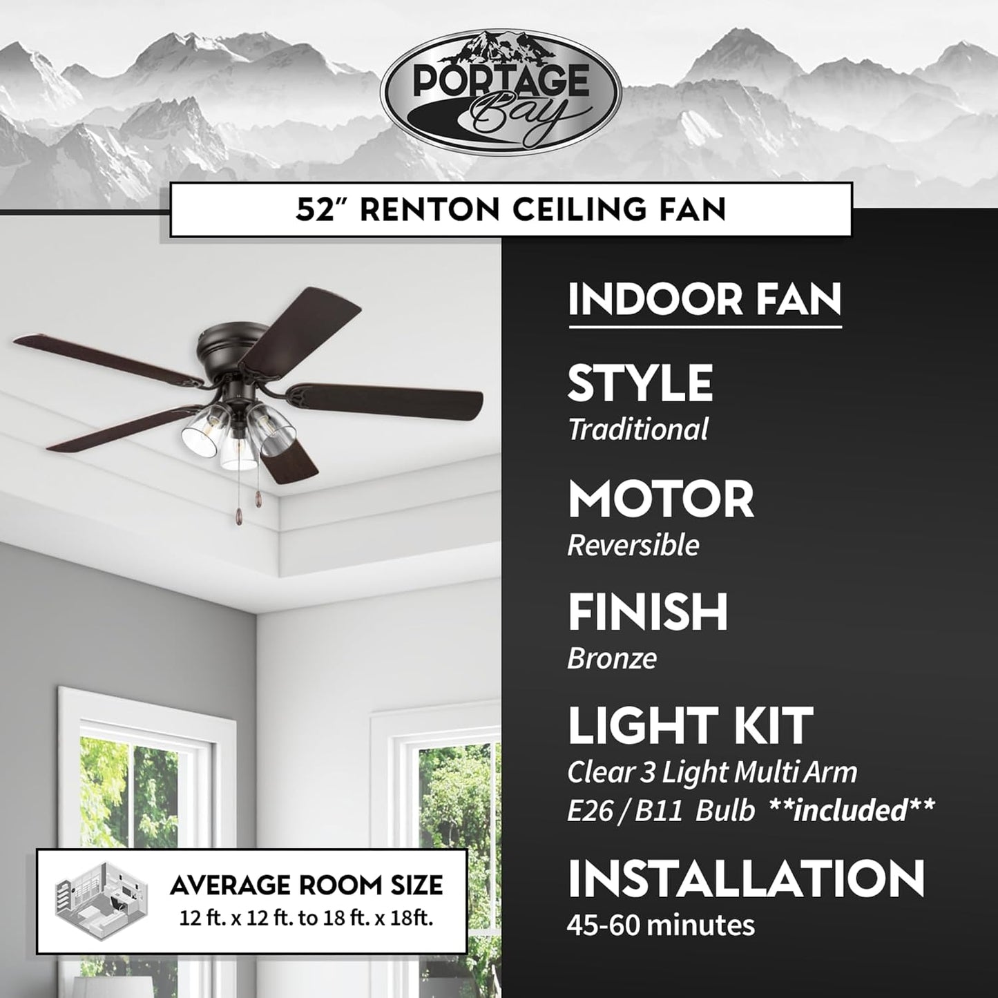 Portage Bay Ceiling Fans 52" Renton Bronze Indoor Fan with Clear 3 Light LED Multi Arm; E26/B11 Bulb and Pull-Chains, Traditional Style, 5 Reversible Barnwood/Dark Chestnut Blades, 51439