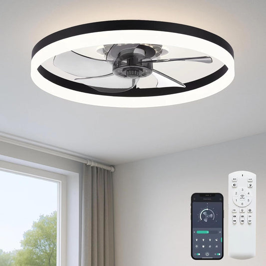 FSZDORJ 20'' Ceiling Fan with Light and Remote, Low Profile Ceiling Fan with Light, Dimmable Flush Mount Ceiling Fan Light, 6 Speeds Fan, App&Remote Control, Fandelier Quiet Fan for Bedroom F115 Black
