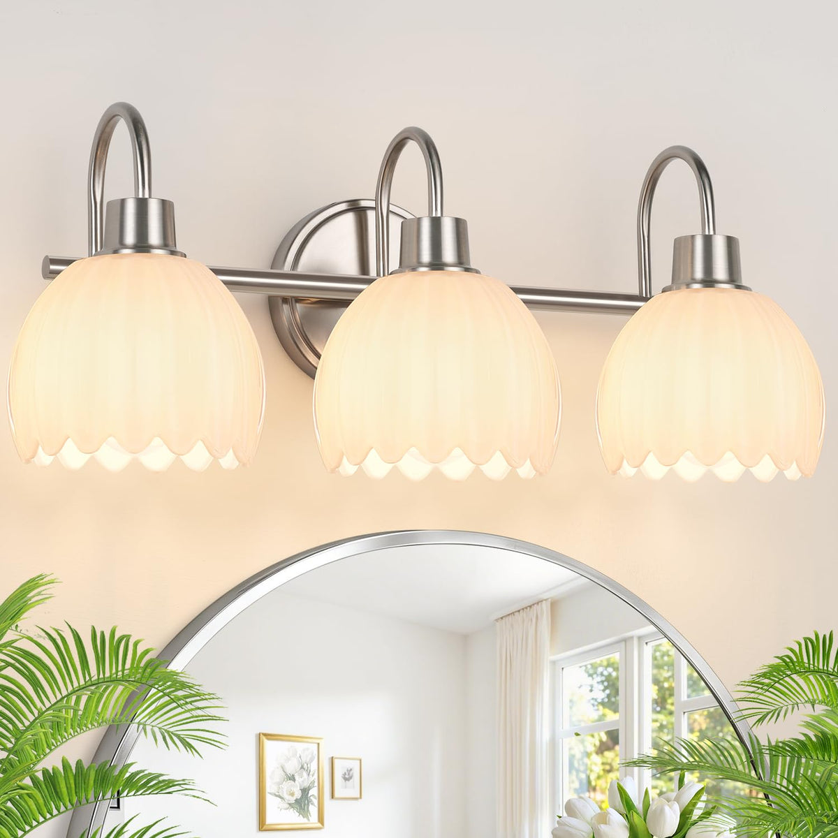 Bathroom Light Fixtures, 3-Light Brushed Gold Vanity Lights for Bathroom with Ribbed Amber Tulip Glass Shade, 20 in Bathroom Vanity Lights Over Mirror for Bedroom, Living Room, Hallway