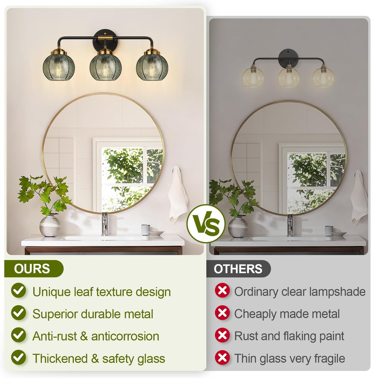 MOKATNG Bathroom Light Fixtures, 3-Light Green Vanity Lights with Unique Leaf Texture Glass Shade, Modern Matte Black and Gold Bathroom Wall Lamp for Mirror Hallway Cabinet Living Room