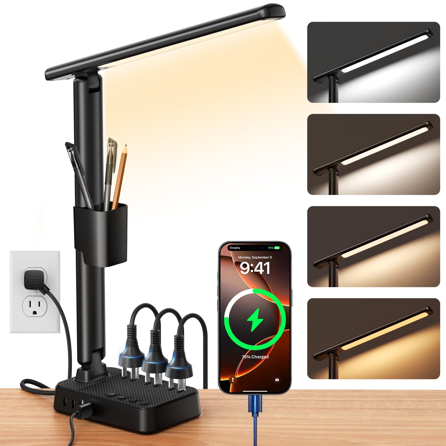 LED Desk Lamp with Power Strip, 3 AC Outlets, 4 USB Ports, Stepless Dimming | 2800K-6500K Color, 2 USB-C, Foldable Design, Timer & Memory, Study, Home Office & College Dorm
