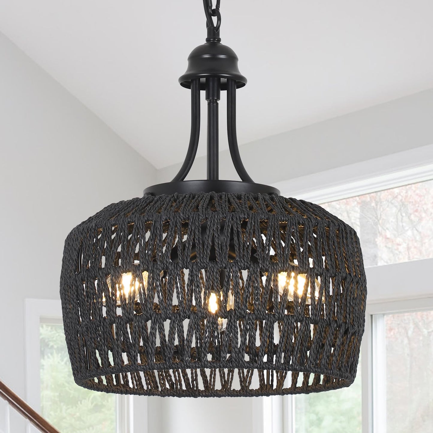 HMVPL Farmhouse Chandelier for Dining Room, 3-Light Boho Rattan Chandelier Light Fixture Ceiling Hanging with Woven Lampshade, Small Wicker Coastal Pendant Light for Kitchen Bedroom Island Hallway