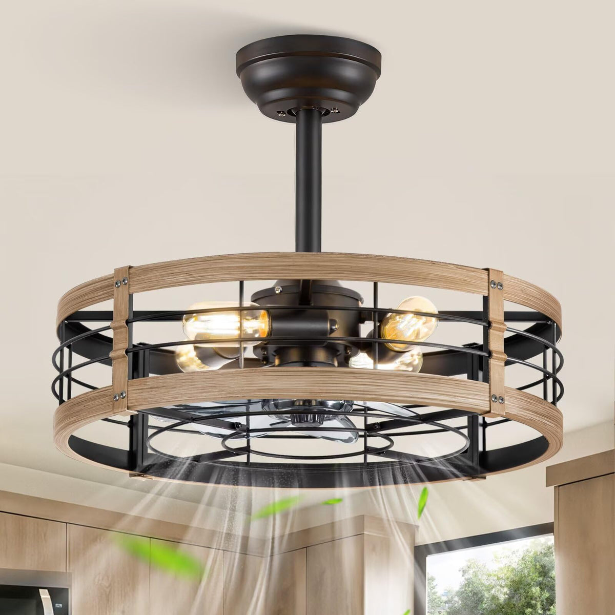 LEDIARY 20 inch Fandelier Caged Ceiling Fan with Light and Remote, Black | 6 Speed Adjustable,Timing, Quiet & Powerful DC, Small, Farmhouse, Industrial, Enclosed, Bladeless, Bedroom, Kitchen, Downrod