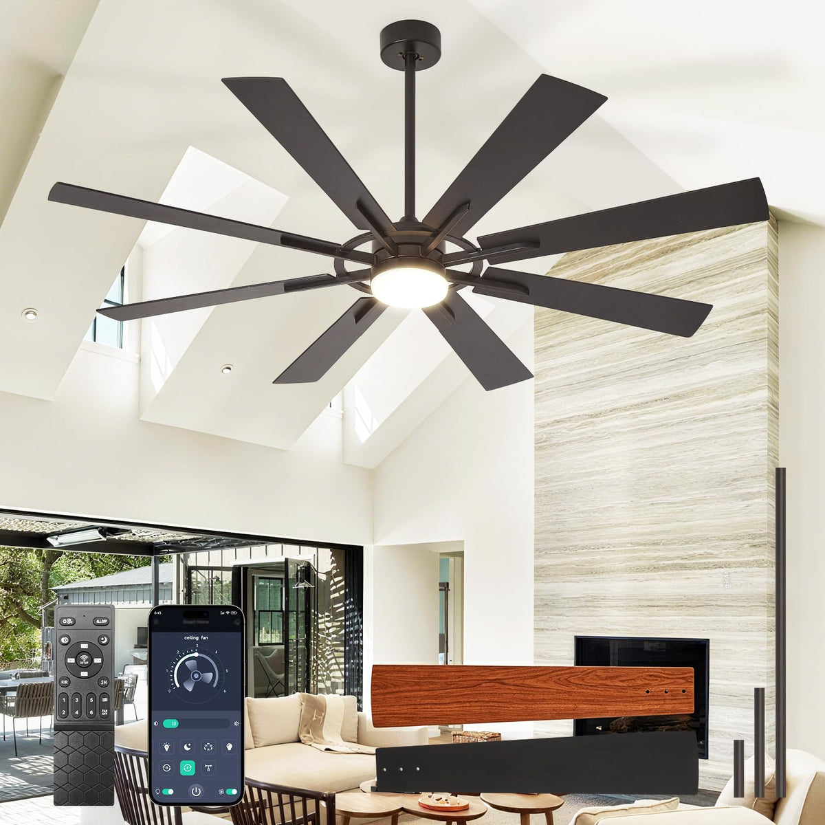 Large Ceiling Fans with Lights: Modern 72 Inch 8 Blade Outdoor Ceiling Fan with Remote APP Control - Dimmable Black Big Fan Light Indoor Reversible 6 Speed Quiet DC Motor
