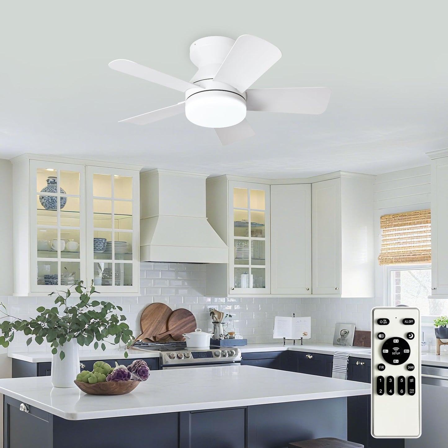 Depuley Modern Ceiling Fan with Light: 42-Inch Black Small Fans for Bedroom Indoor Outdoor - Dimmable Low Profile Ceiling Fans with Remote Control Flush Mount 5 Reversible Black Blades 6 Speeds Timer