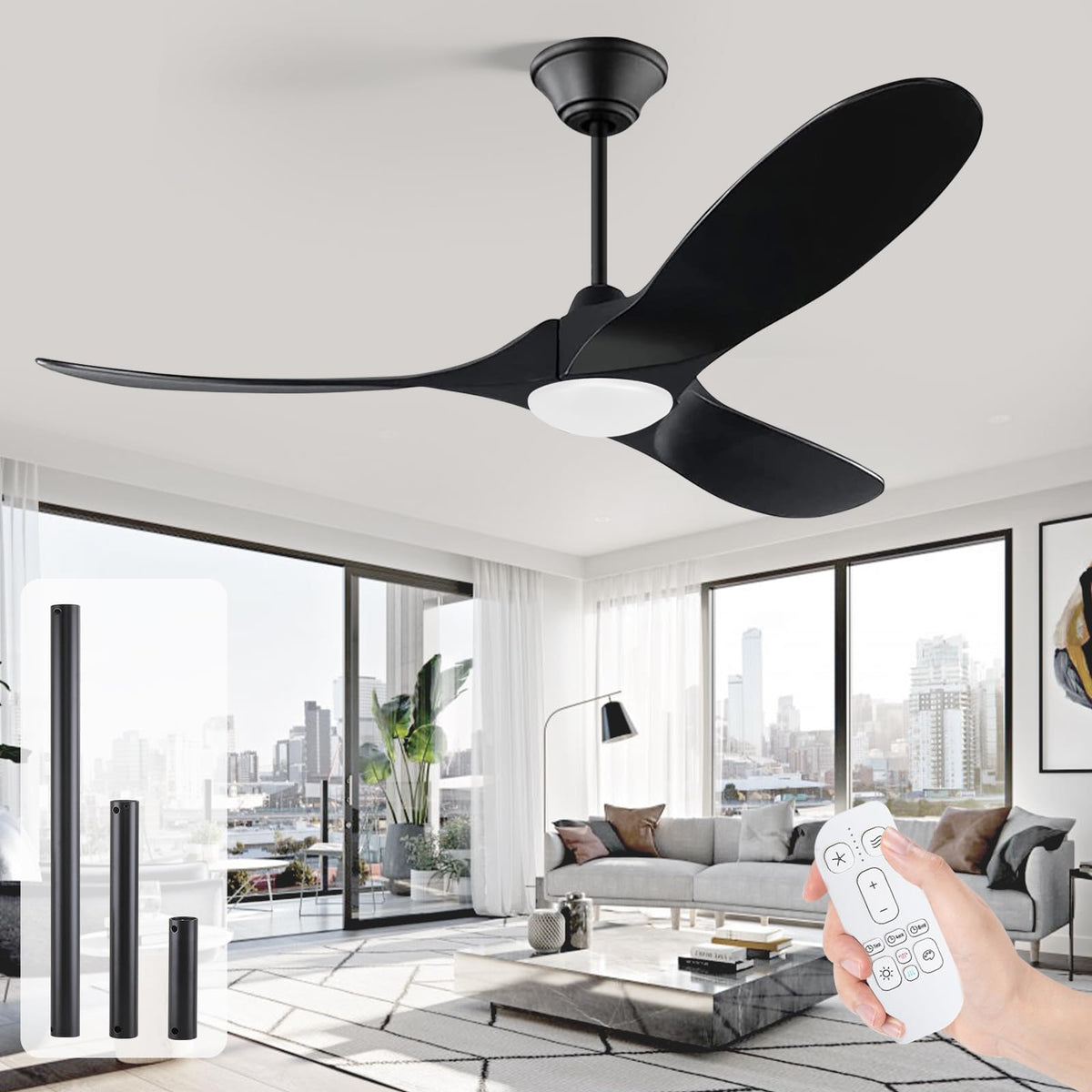 60 inch Outdoor Ceiling Fan for Patios with Light, Farmhouse style | 3 Blades Wood Ceiling Fan, Damp Rated Large Airflow Commercial Ceiling Fans for Exterior House Porch Gazebo