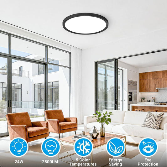 2Pack 12Inch LED Flush Mount Ceiling Light 5 Color Temperatures | 3000K/3500K/4000K/5000K/6500K 24W Black LED Ceiling Light Fixture for Bathroom Closet Kitchen Bedroom Hallway Porch Pantry