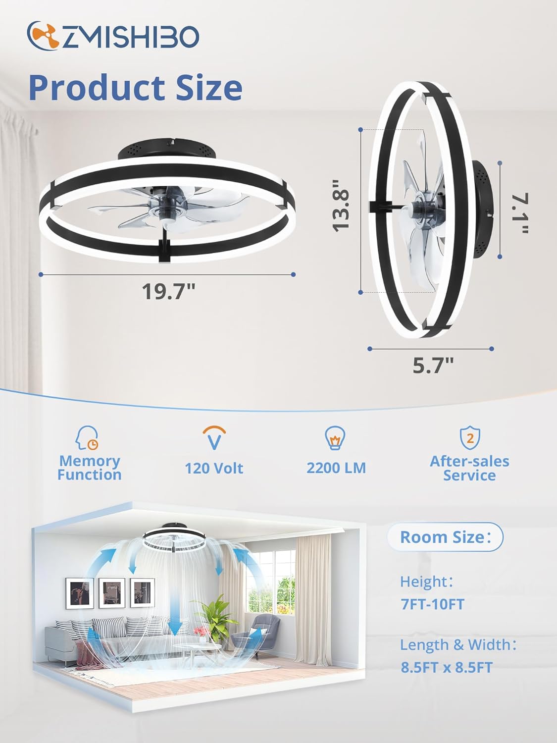ZMISHIBO Low Profile 19.7'' Ceiling Fans with Lights and Remote, Black | 3000-6000K Dimmable LED Fandelier, Quiet DC Motor, Reversible Airflow, 6 Wind Speeds, Timer, Bedroom, Living Room, Kitchen