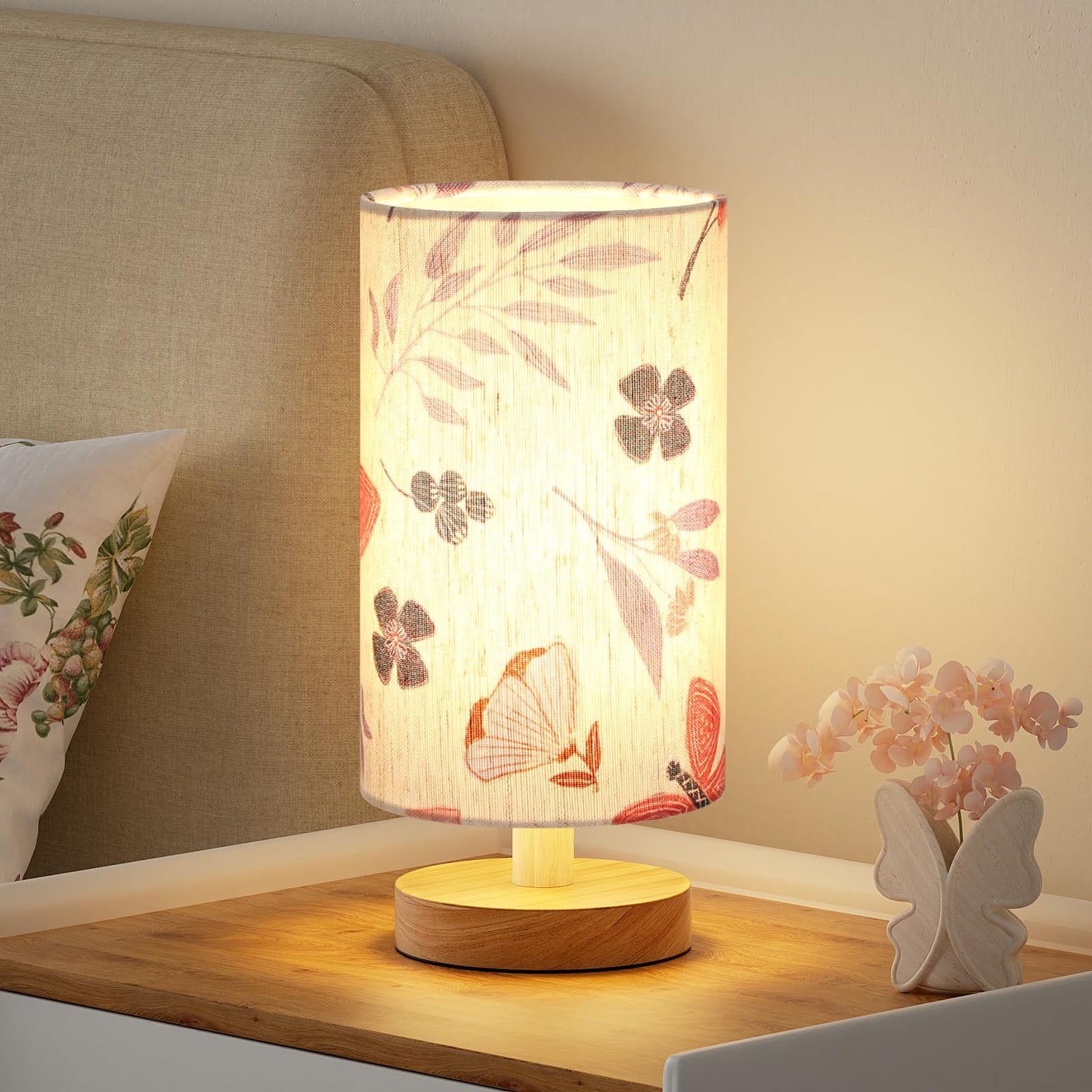 9" Small Table Lamp for Bedroom - Inline Control with 3000K Blub | Cream Shade and Wood Base | 680 Lumens | Easy Assembly | Minimalist Design | E26 | for Kitchen | for Kids Room
