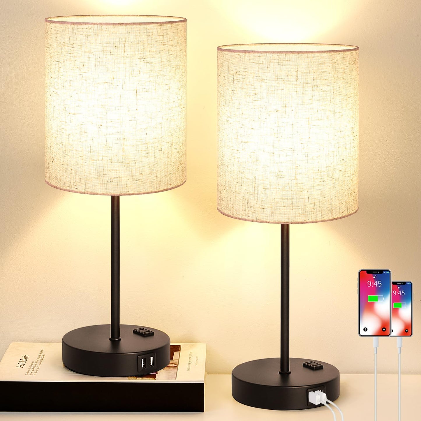 Set of 2 Touch Control Table Lamps with 2 USB & AC Outlet, 3-Way Dimmable Bedside Nightstand Lamps for Bedroom Living Room Nursery, 800 Lumens 5000K Daylight Bulbs Included
