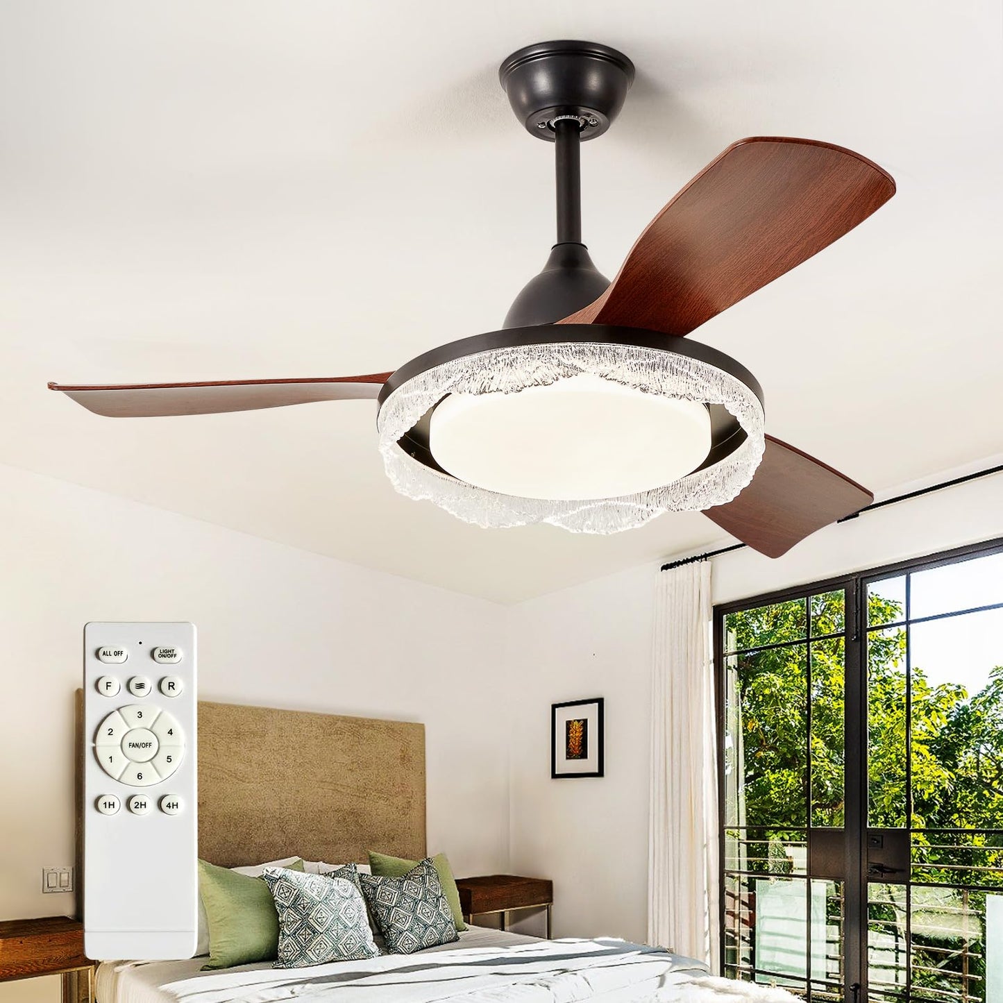 Outdoor Ceiling Fan with Light: 52 Inch 3 Blade Outdoor Fans for Patios - Modern Plastic Walnut Ceiling Fan with Dimmable Light Remote Control Ultra Quiet Reversible DC Motor Timer