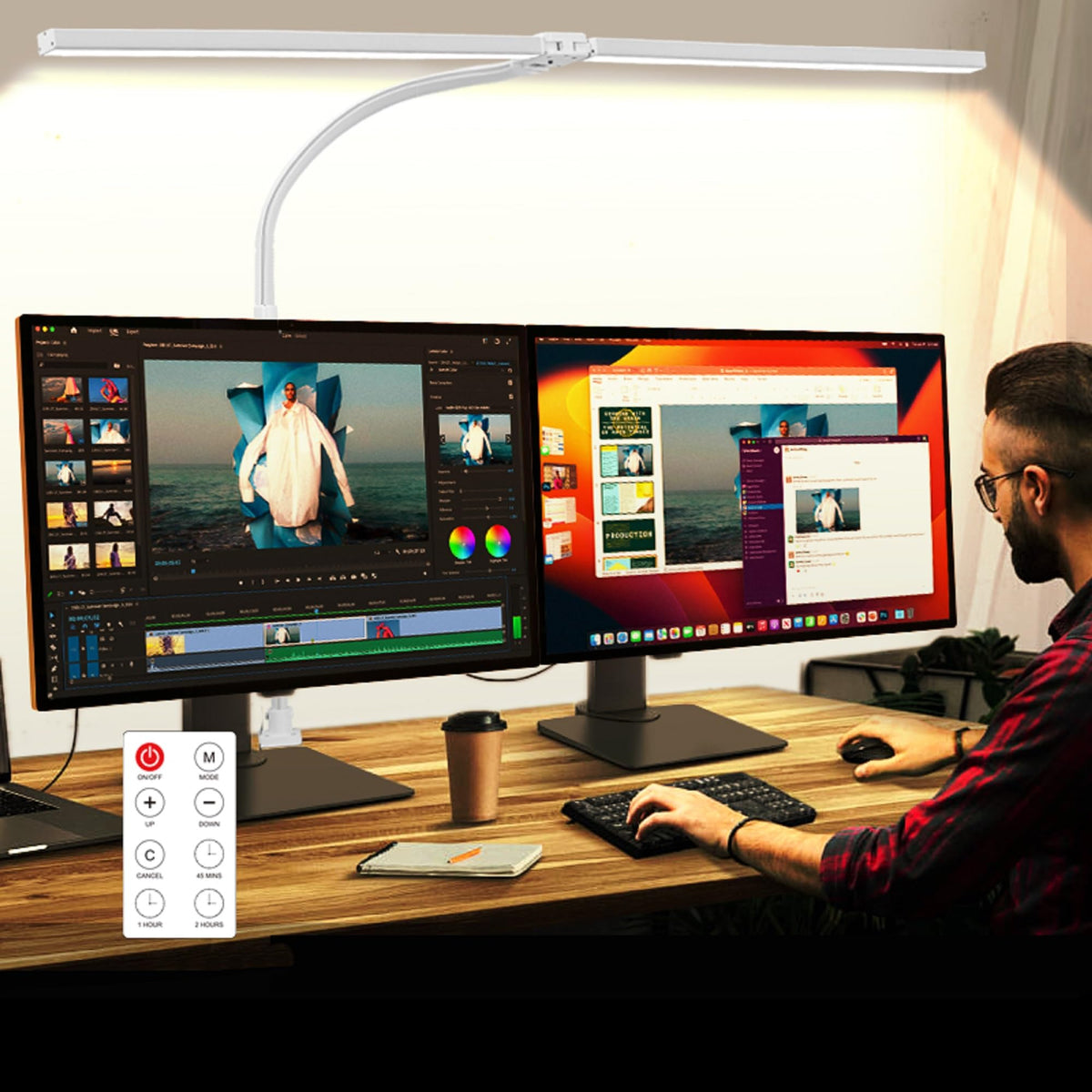 LED Desk Lamp with Clamp, Dual Head Monitor Light, Remote | 24W Dimmable Eye-Caring Task Lamp with Timer, Anti-Glare Cover and Gooseneck for Home Office Dorm Workbench and Study