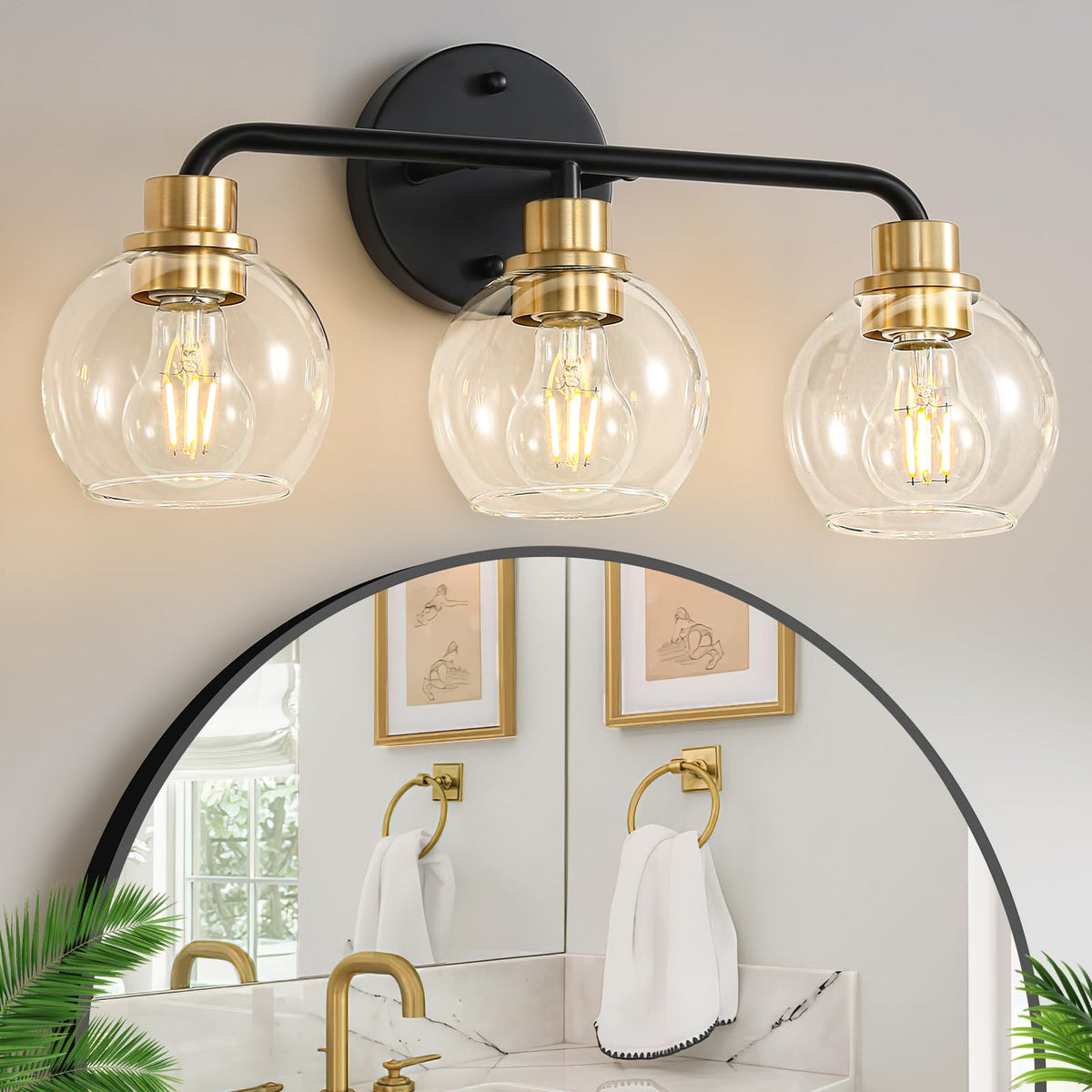 Bathroom Light Fixtures Gold Vanity Light 3 Light Brushed Brass | Wall Sconces Lighting with Clear Globe Glass Shades Bath Wall Lamp for Mirror Kitchen Living Room Bedroom Hallway