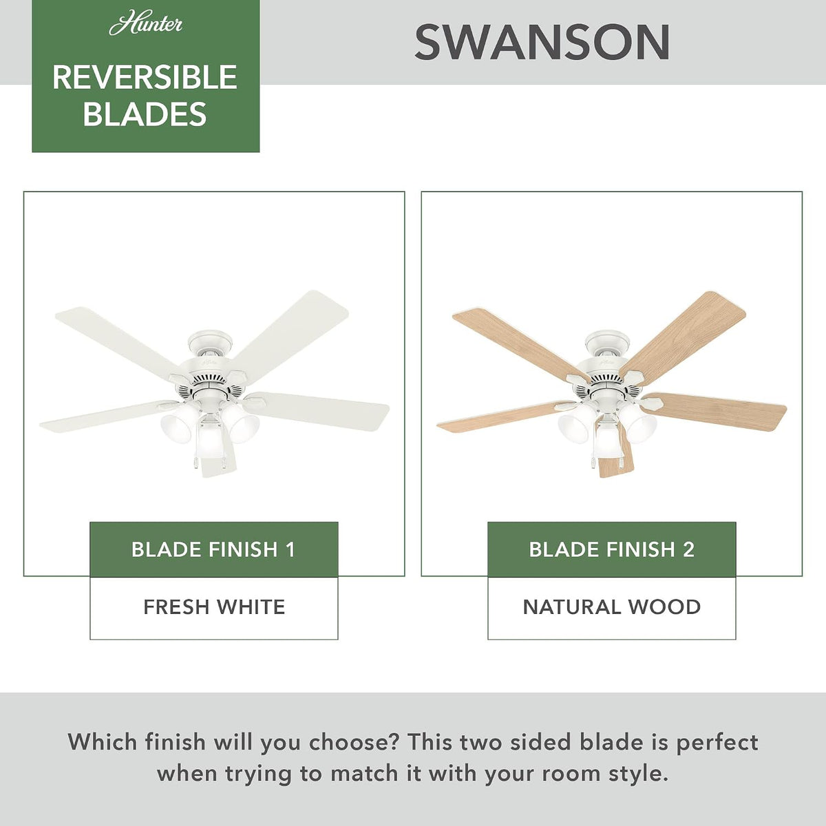 Hunter Swanson, Indoor, Ceiling Fan, with LED Lights, 52 inch, Fresh White | Standard Mount, Pull Chain, 5 Blades, For Bedroom, Living Room, Kitchen, 50895