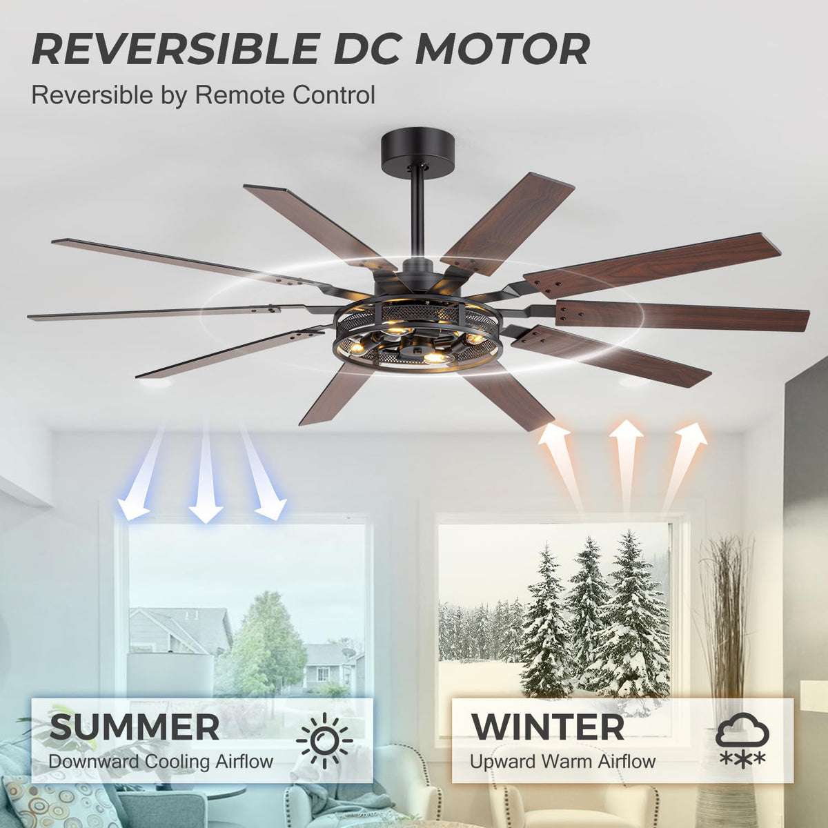 60 Inch Farmhouse Ceiling Fans with Rustic Lights, Caged Ceiling Fans with Remote, Industrial Ceiling Fan with Reversible DC Motor, Antique Downrod Mount Fan with Chandelier for Living Room Bedroom
