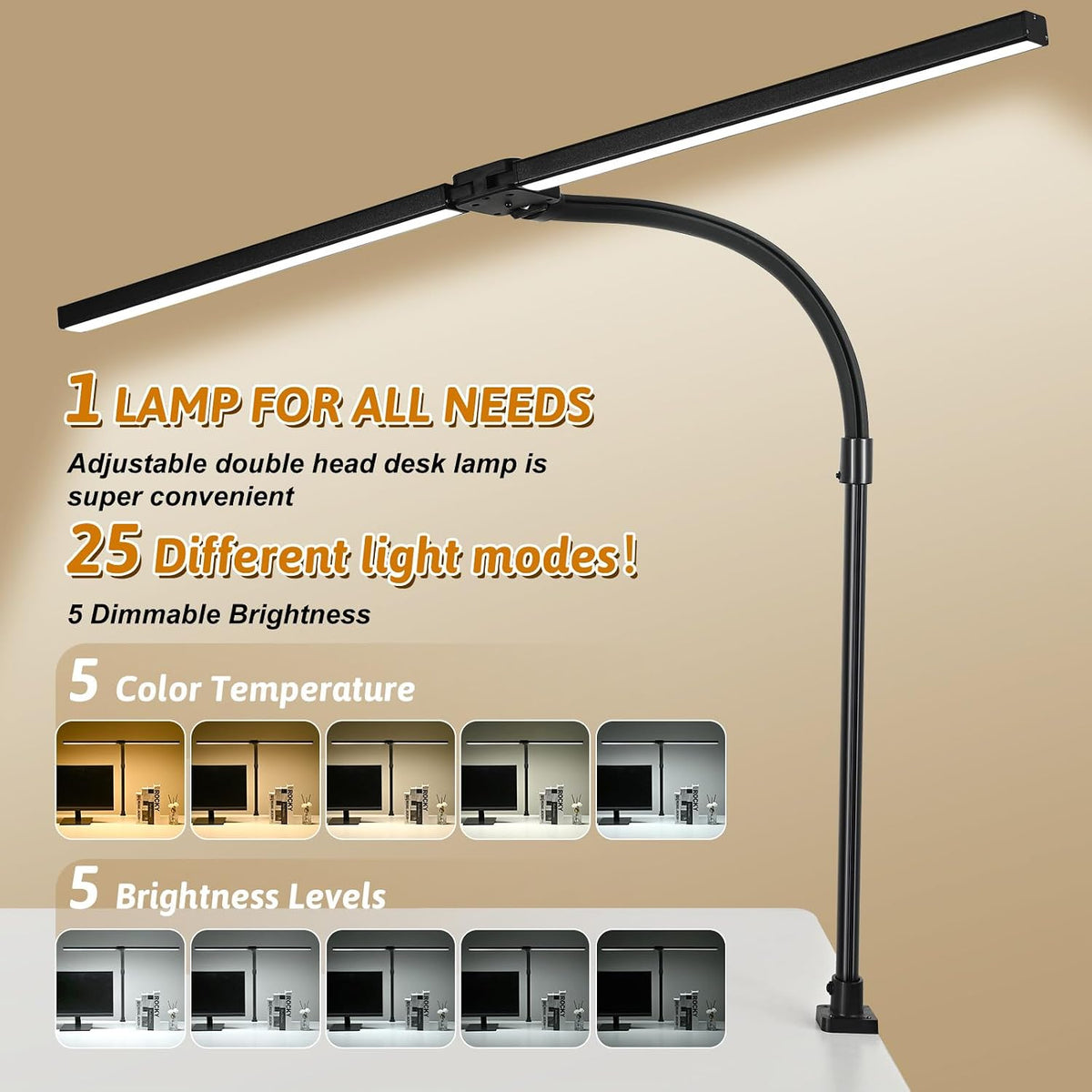 LED Desk Lamp with Clamp, Dual Head Monitor Light, Remote | 24W Dimmable Eye-Caring Task Lamp with Timer, Anti-Glare Cover and Gooseneck for Home Office Dorm Workbench and Study