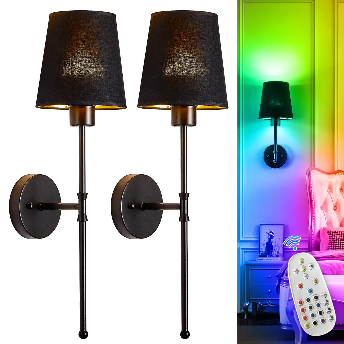 Depuley Battery Operated Wall Sconce: Set of 2 Wireless Wall Lights with 10000mAh Dimmable Bulbs and Remote for Bedroom - Rechargeable 15 Colors Gold Wall Lamp for Living Room Hallway
