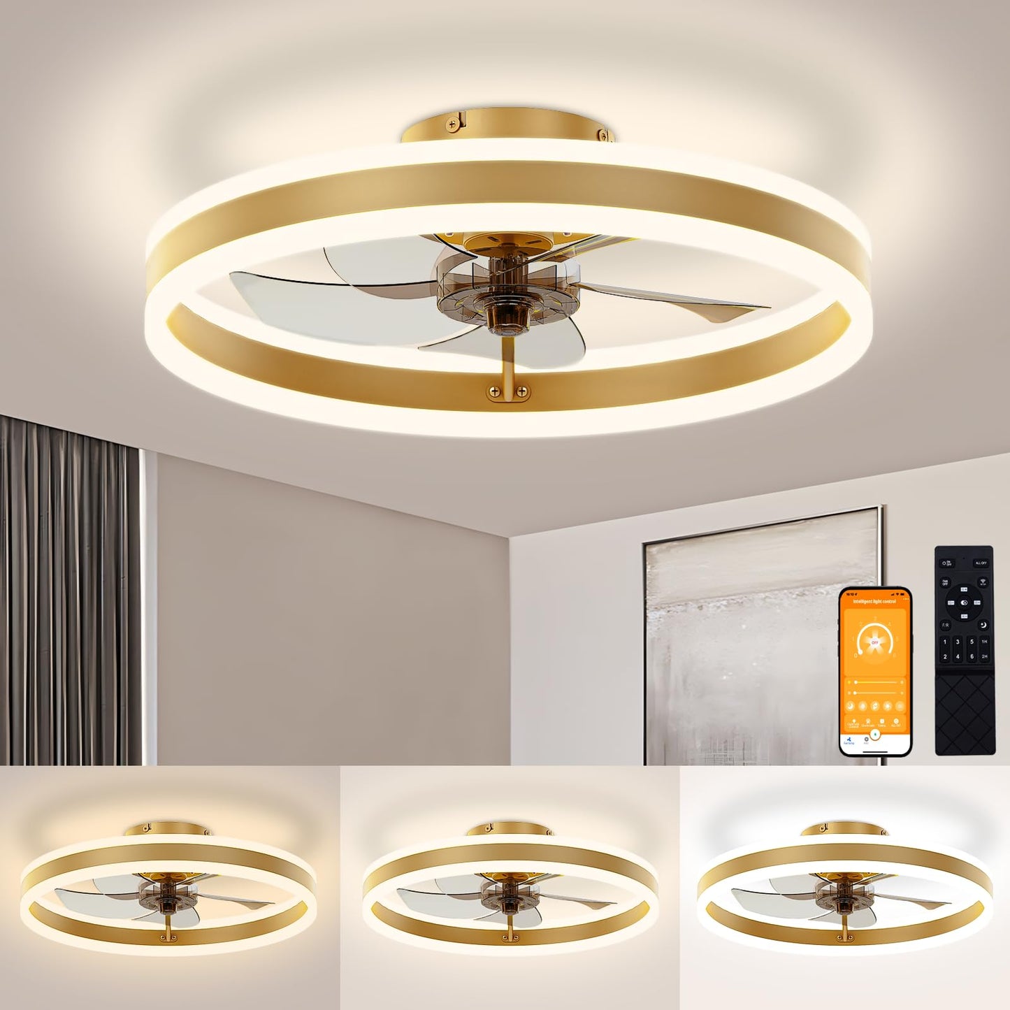 VOLISUN Low Profile Ceiling Fans with Lights and Remote, 27.6in Flush Mount Ceiling Fans with Light, 3000K-6500K Dimmable Fandelier LED Fan Light, Black Bladeless Ceiling Fans with Lights for Bedroom