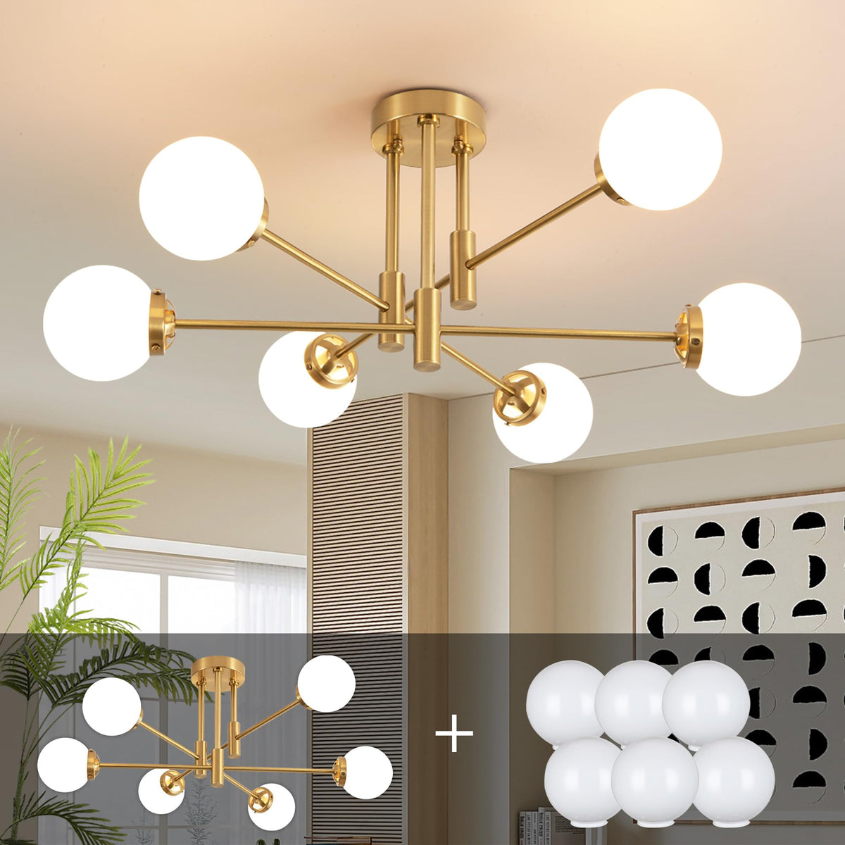 Modern Chandelier Ceiling Light Fixture, 6-Light Sputnik Dining Chandeliers | 31.18" Gold Chandelier Over Table, Mid Century Lights Fixture, Ideal for Dining Room Living Room Kitchen Island(No Lampshade)