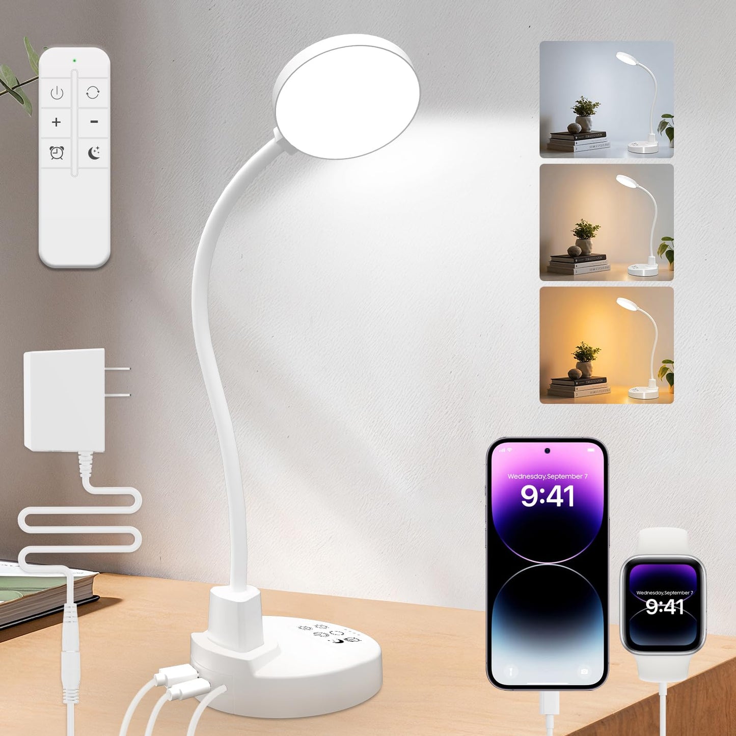 15W LED Desk Lamp with USB Charging Ports – Dimmable Table Lamp with 3 Color Temps, 5 Brightness, 4 Timers, Flexible Gooseneck Light with Base, Eye-Caring Reading Light for Home Office, Bedroom, Study