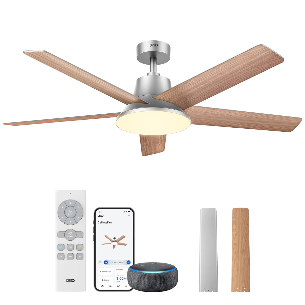 DREO Smart Ceiling Fan with Lights, 52 Inch, 12 Speeds & 3 Fan Modes, Stepless, Dimmable LED Light, Timer, 22dB Quiet DC Motor, Remote/APP/Alexa Control, Black Ceiling Fans Indoor, 2026 Upgraded