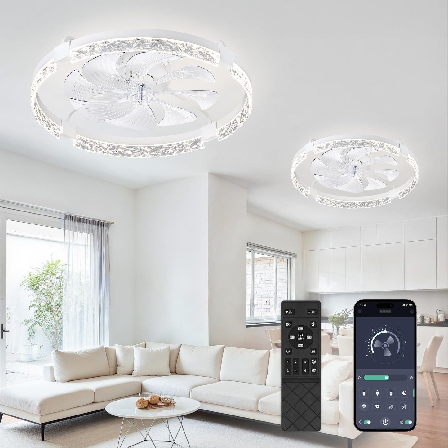 LEDIARY 20" Modern Ceiling Fans with Lights and Remote, White Fandelier | Dimmable Low Profile, Flush Mount Ceiling Fan, Stepless Color Temperature Change, 6 Speeds, Bedroom, Living Room, Kitchen