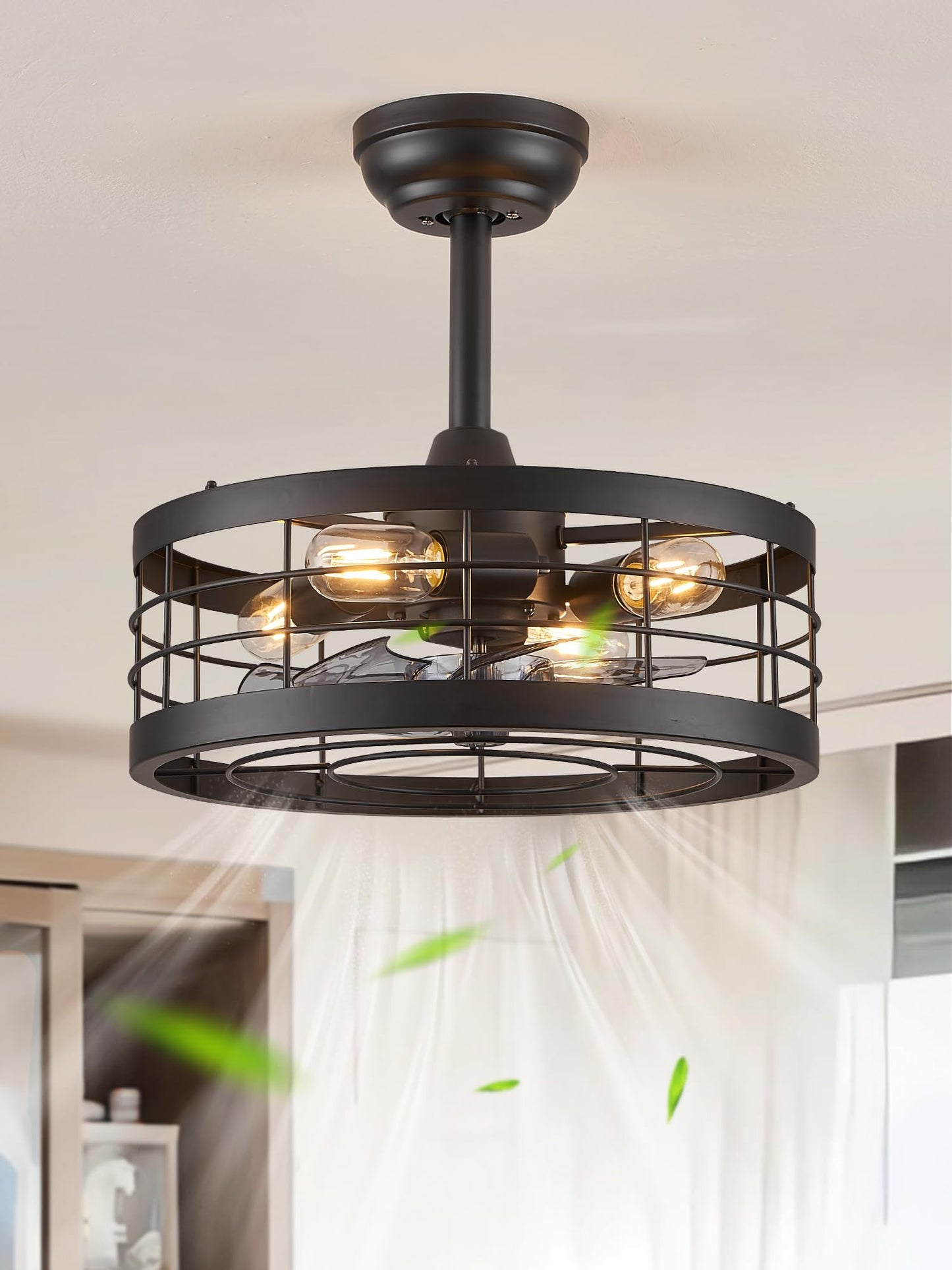 LEDIARY 20 inch Fandelier Caged Ceiling Fan with Light and Remote, Black | 6 Speed Adjustable,Timing, Quiet & Powerful DC, Small, Farmhouse, Industrial, Enclosed, Bladeless, Bedroom, Kitchen, Downrod