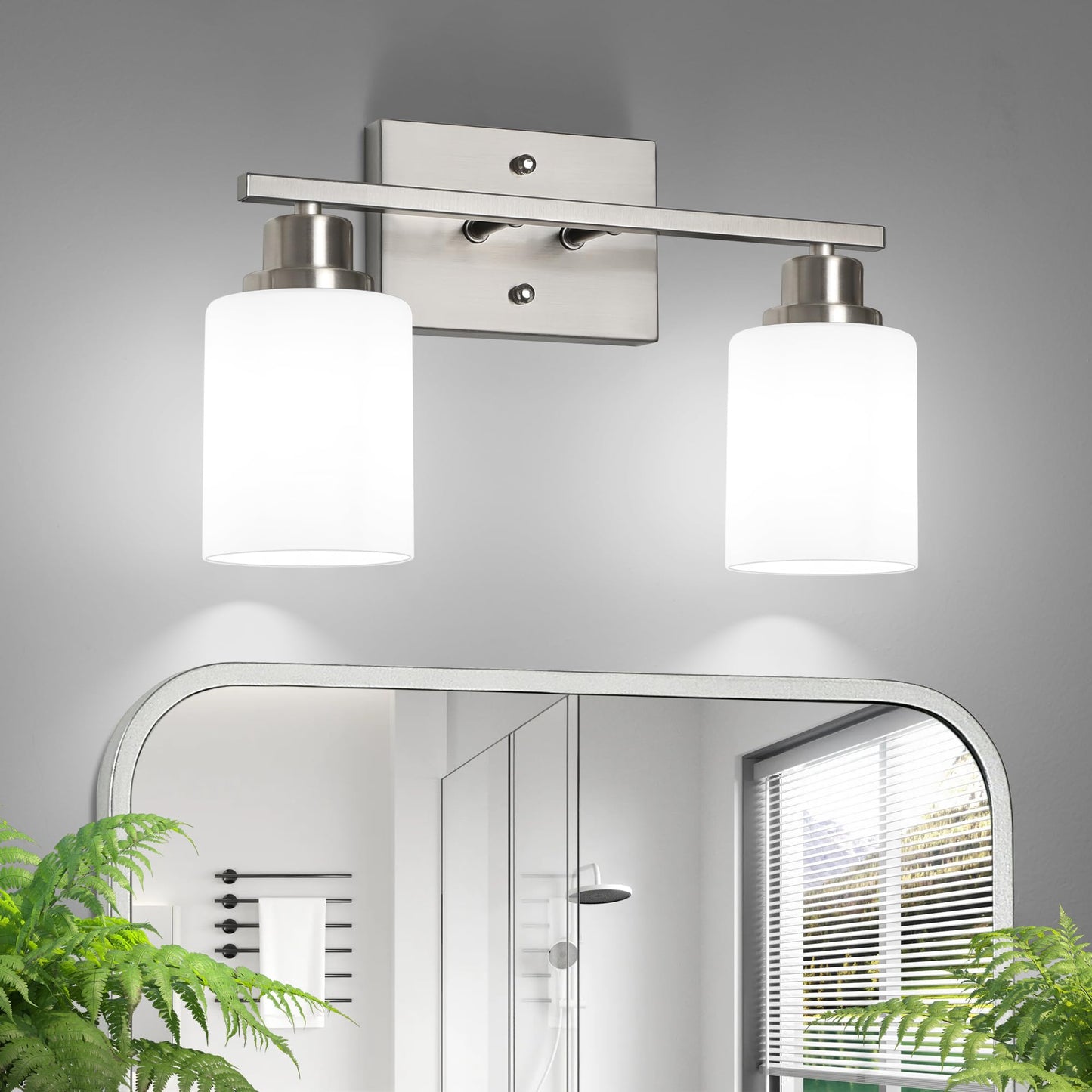 Ascher Bathroom Light Fixtures, 4-Light Vanity Light Over Mirror, Brushed Nickel Wall Sconces with Milky White Frosted Glass Shades, Wall Lamp for Living Room Bedroom, E26 Base(Bulbs Not Included)
