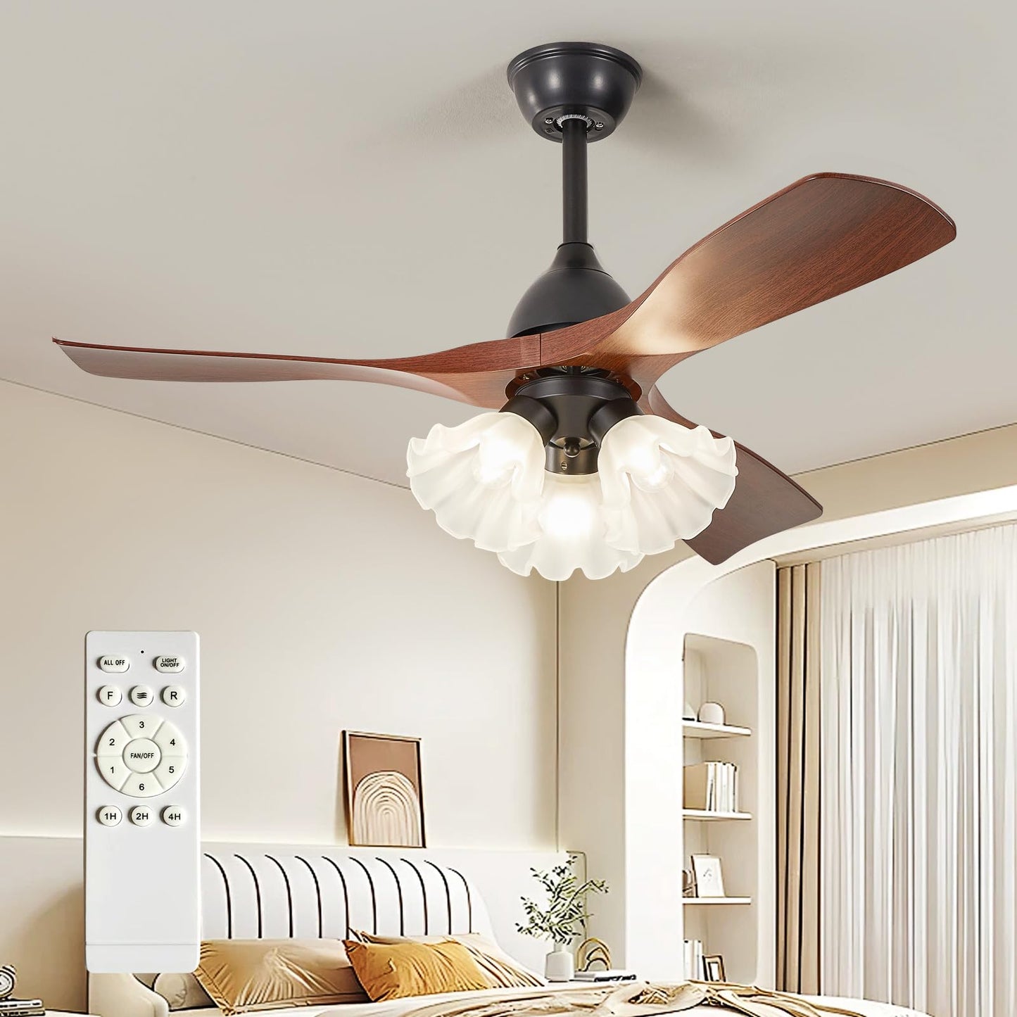 Outdoor Ceiling Fan with Light: 52 Inch 3 Blade Outdoor Fans for Patios - Modern Plastic Walnut Ceiling Fan with Dimmable Light Remote Control Ultra Quiet Reversible DC Motor Timer